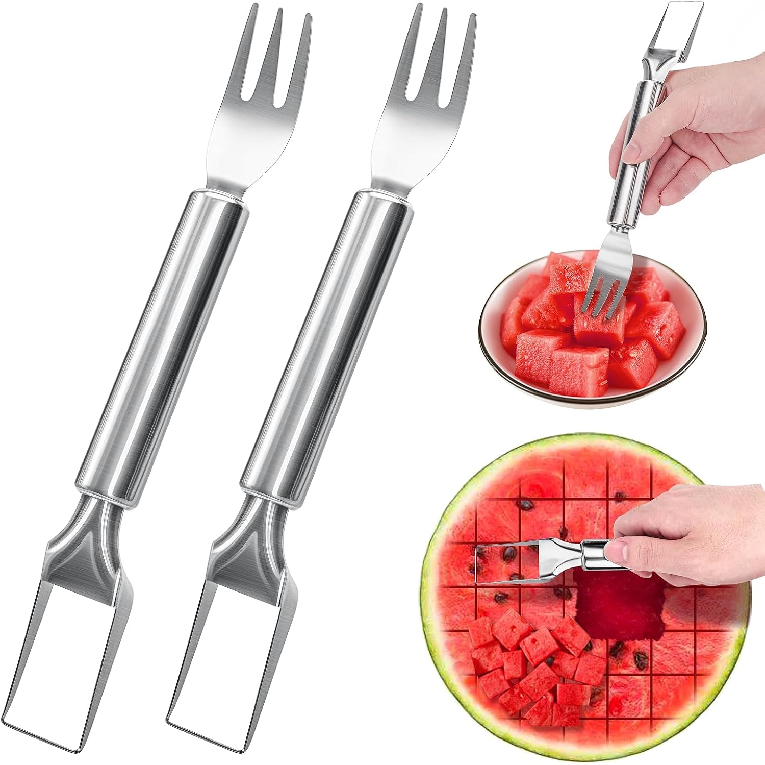 KMOSENIA Watermelon Fork Slicer Cutter, 2-In-1 Stainless Steel Fruit Cutter Tool, Kitchen Gadgets 2024, Household Essentials, Home Finds, Watermelon