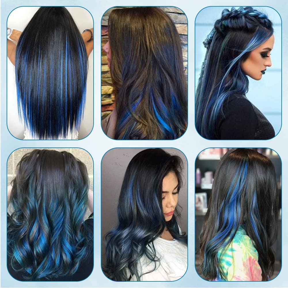 Extensiones de cabello sintético con clip de color de 20 pulgadas, 10 piezas de cabello lacio para fiesta, color azul marino