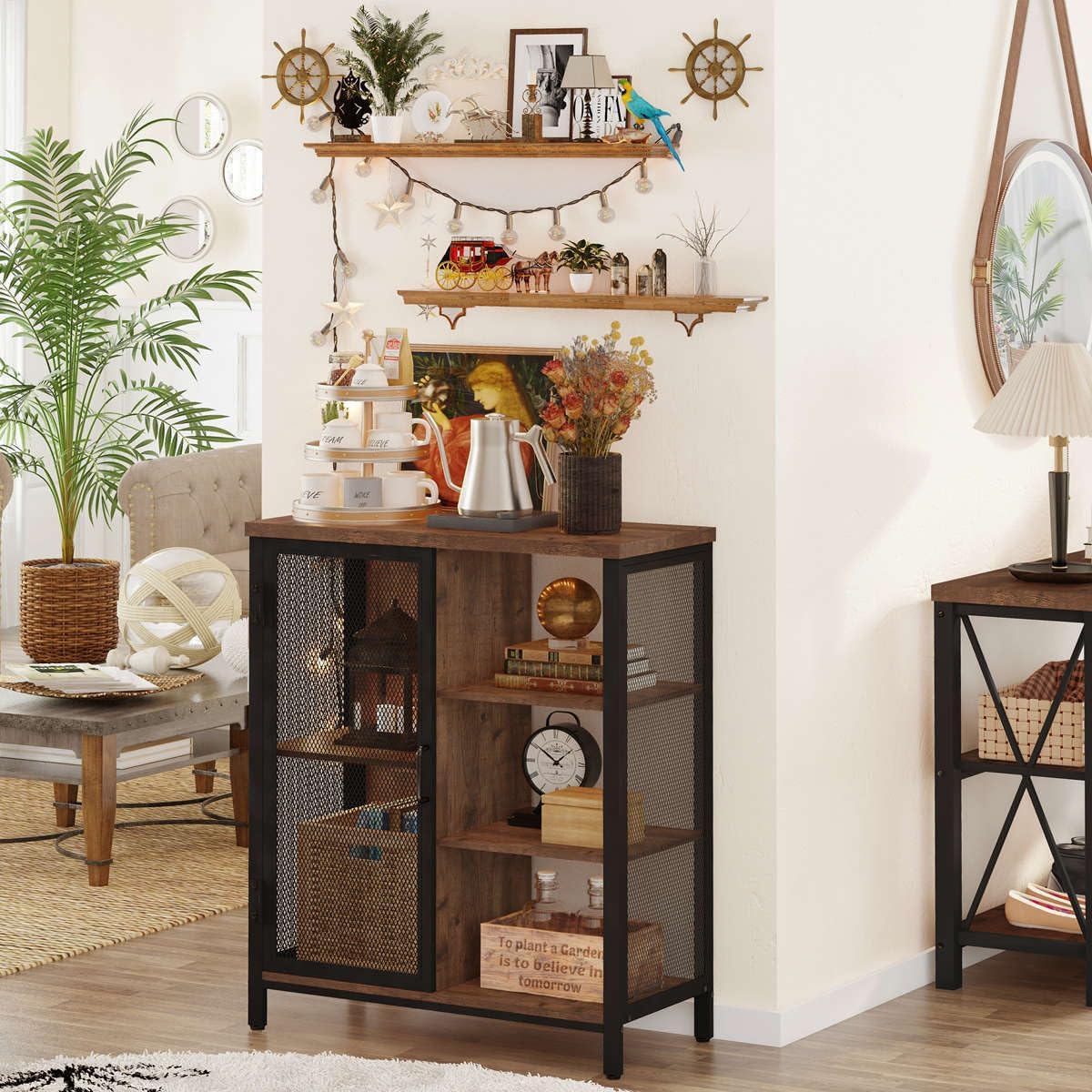 BON AUGURE Mueble de bar de café rústico para el hogar, mesa consola rústica detrás del sofá, juego de muebles de madera y metal para sala de estar