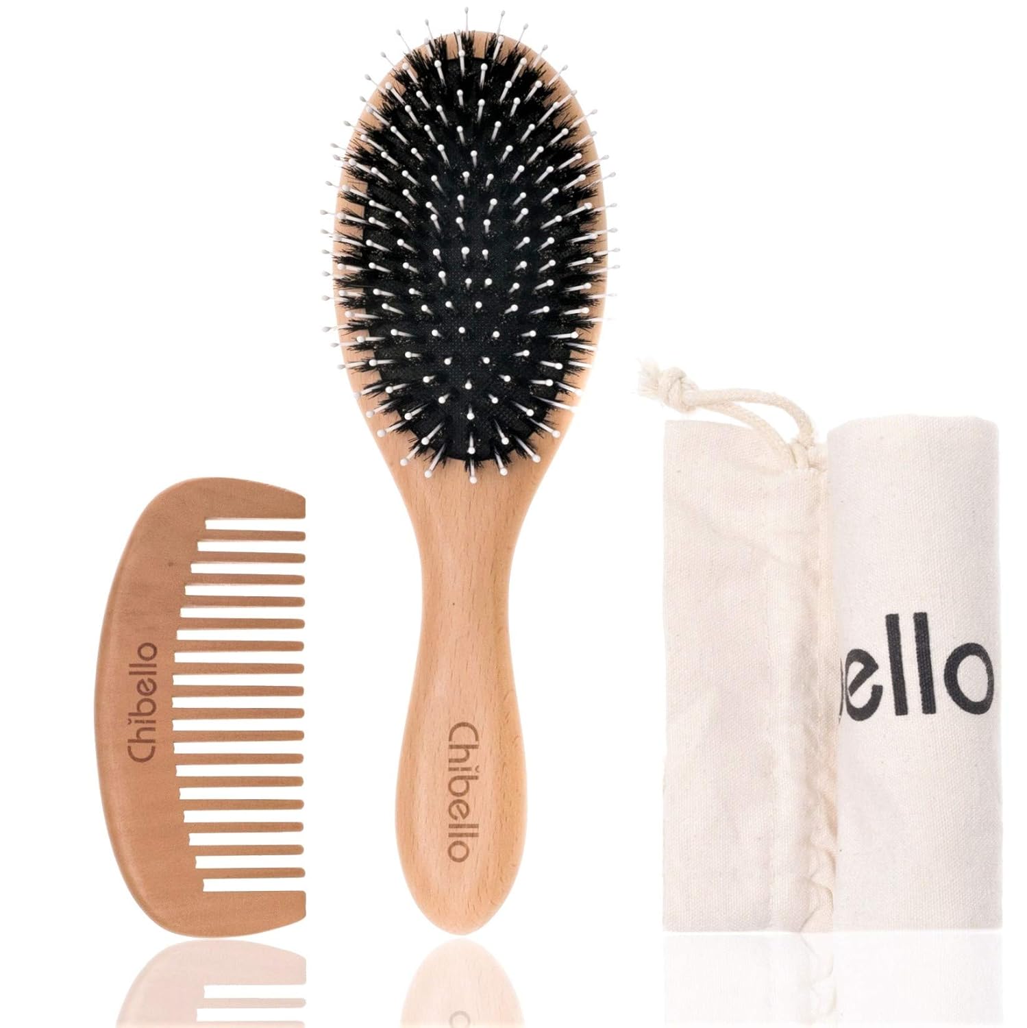 Juego de cepillos de cerdas de jabalí para cabello grueso y normal. Mango de madera natural pulida a mano para un aspecto y sensación refinados.