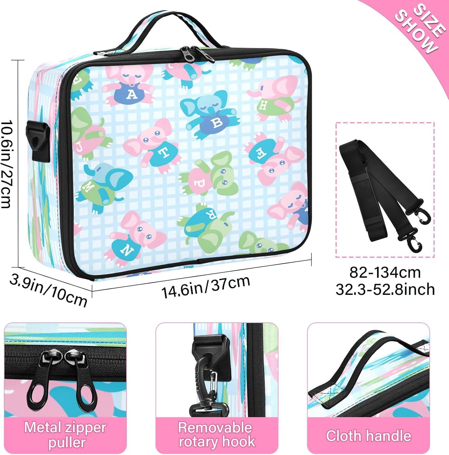 Elefante de dibujos animados a cuadros azul capacidad bolsa de cosméticos bolsa de aseo kit de viaje maquillaje bolsas de maquillaje mujeres bolsa