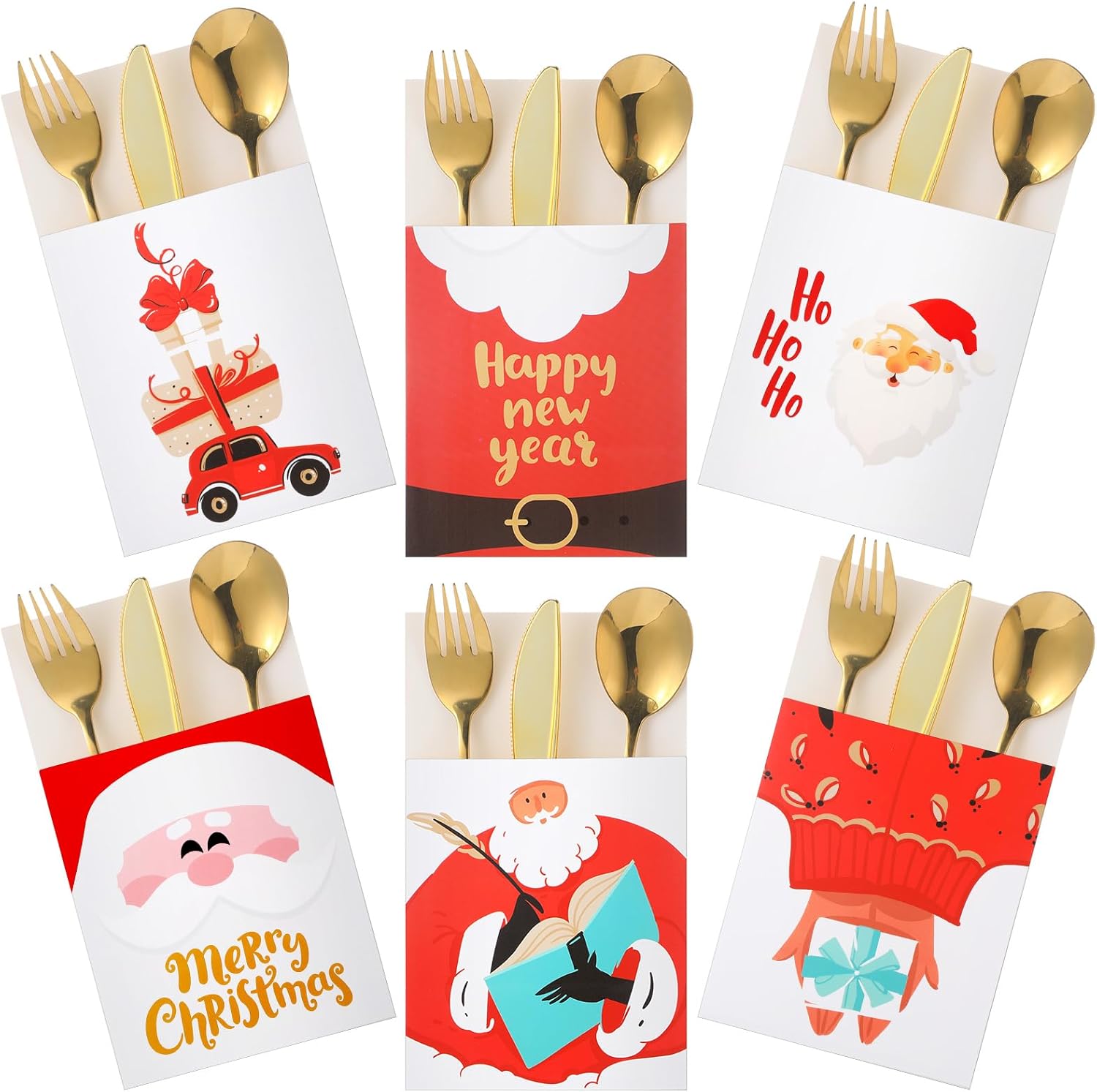48 soportes para cubiertos de Papá Noel de Navidad, con bolsillos, soporte para cubiertos de Navidad, bolsas, cuchillos, tenedores, bolsa para