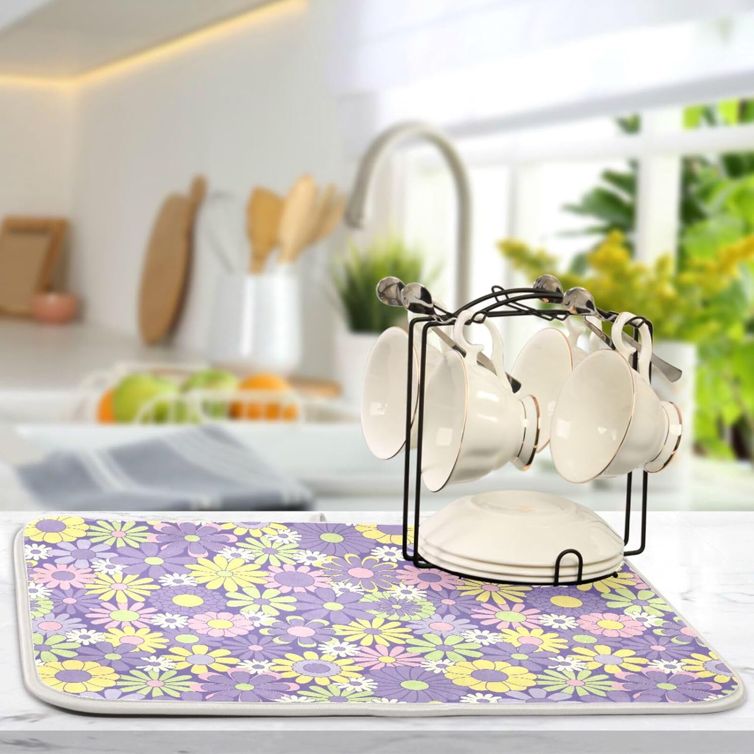Colorful Flowers Painting Dish Mat Washnable Absorbent Kitchen Countertop Decor Countertop Protector Heat Resistant Tapete Para Cocina 16” x 18”
