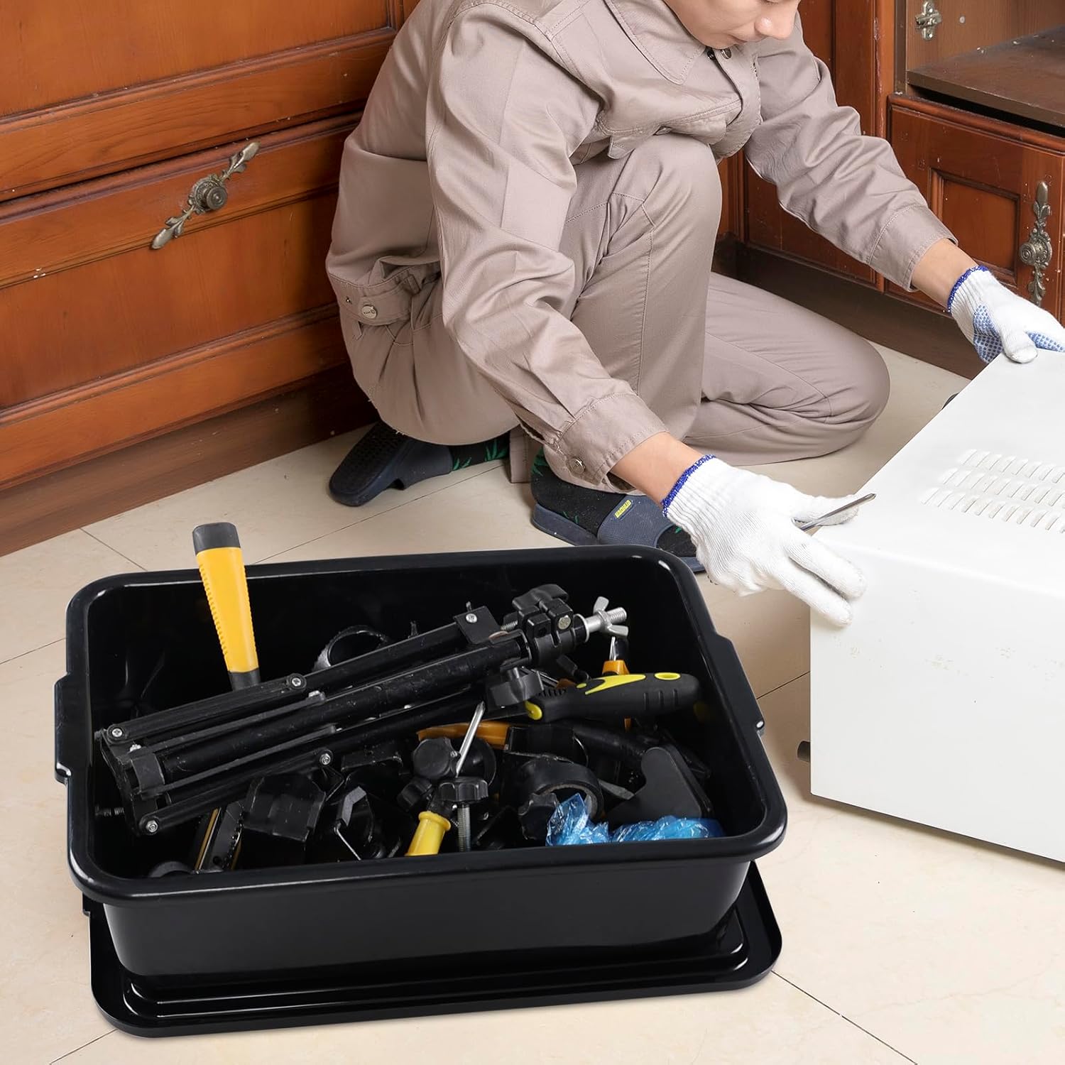 Sadstory – Caja de plástico para autobús comercial de 13 L con tapa, bañera de plástico para restaurante, color negro, 3 paquetes