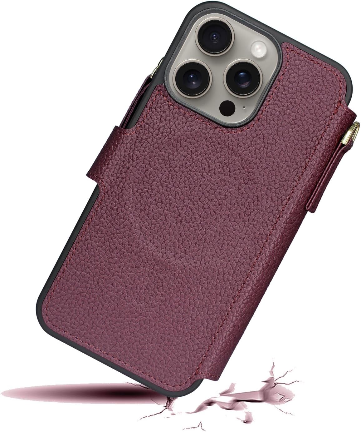 Harryshell Funda compatible con iPhone 15 Pro, con carga inalámbrica MagSafe con 3 ranuras para tarjetas, bolsillo con cremallera, bolsillo con