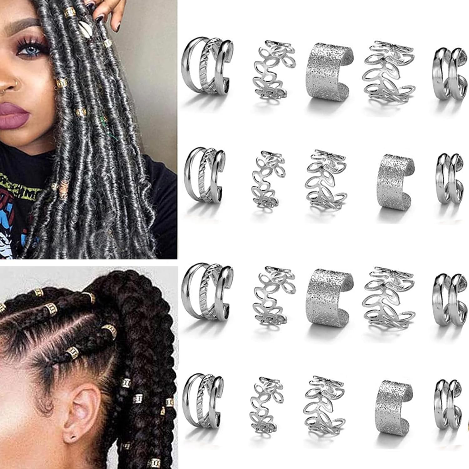 20 piezas de joyas de plata para el cabello para trenzas, diamantes de imitación de cristal, clips de trenza de metal, sin perforación, joyería para