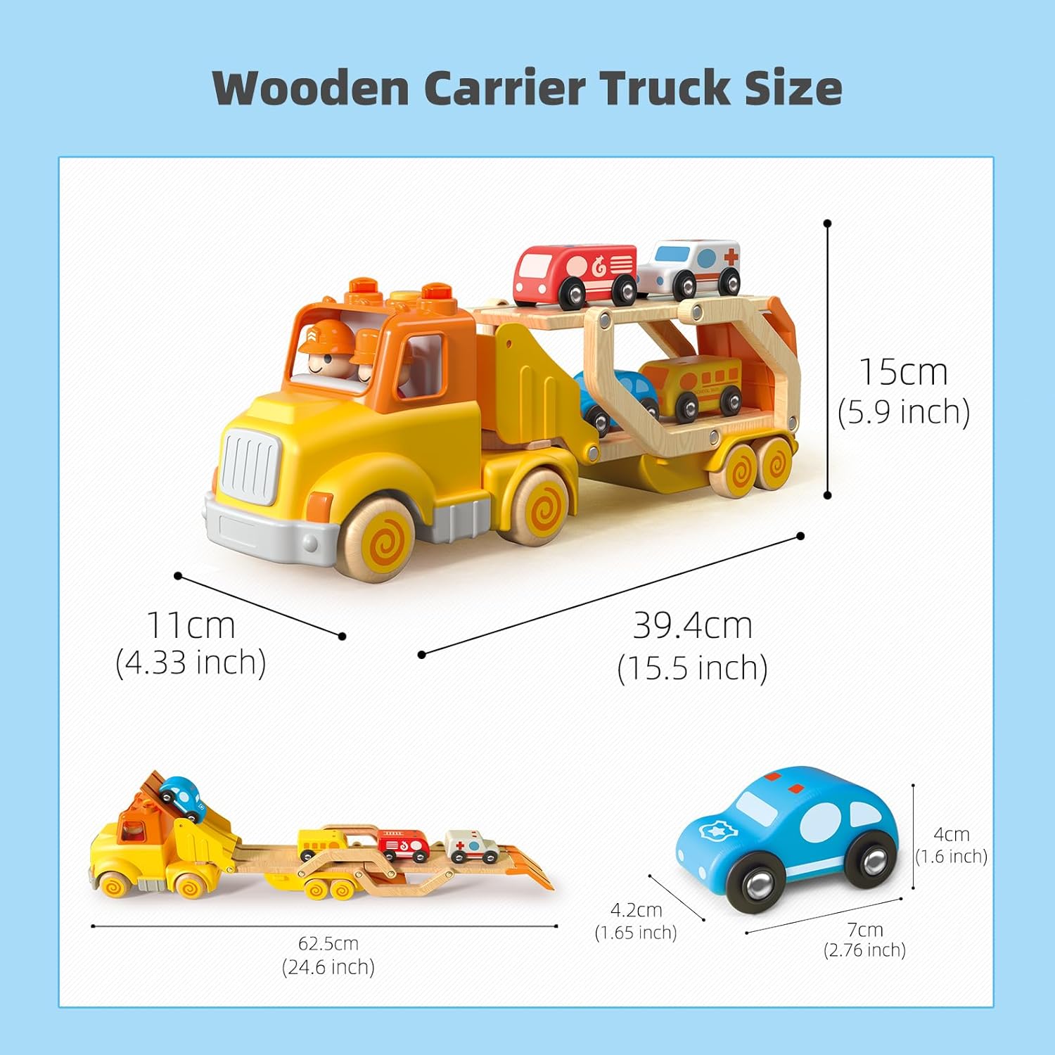 Camión transportador de coche de juguete con vehículos de madera, remolque de pista, luces y sonidos, regalo para niños de 2 a 5 años