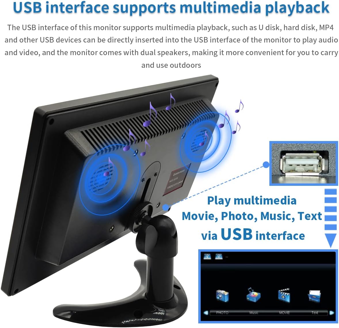10.1 inch Security Monitor & Displays, 1024 * 600 Resolution, HDBNCAVVGAUSB Input, Built-in Dual Speakers Portable LCD Monitor, Suitable for Game