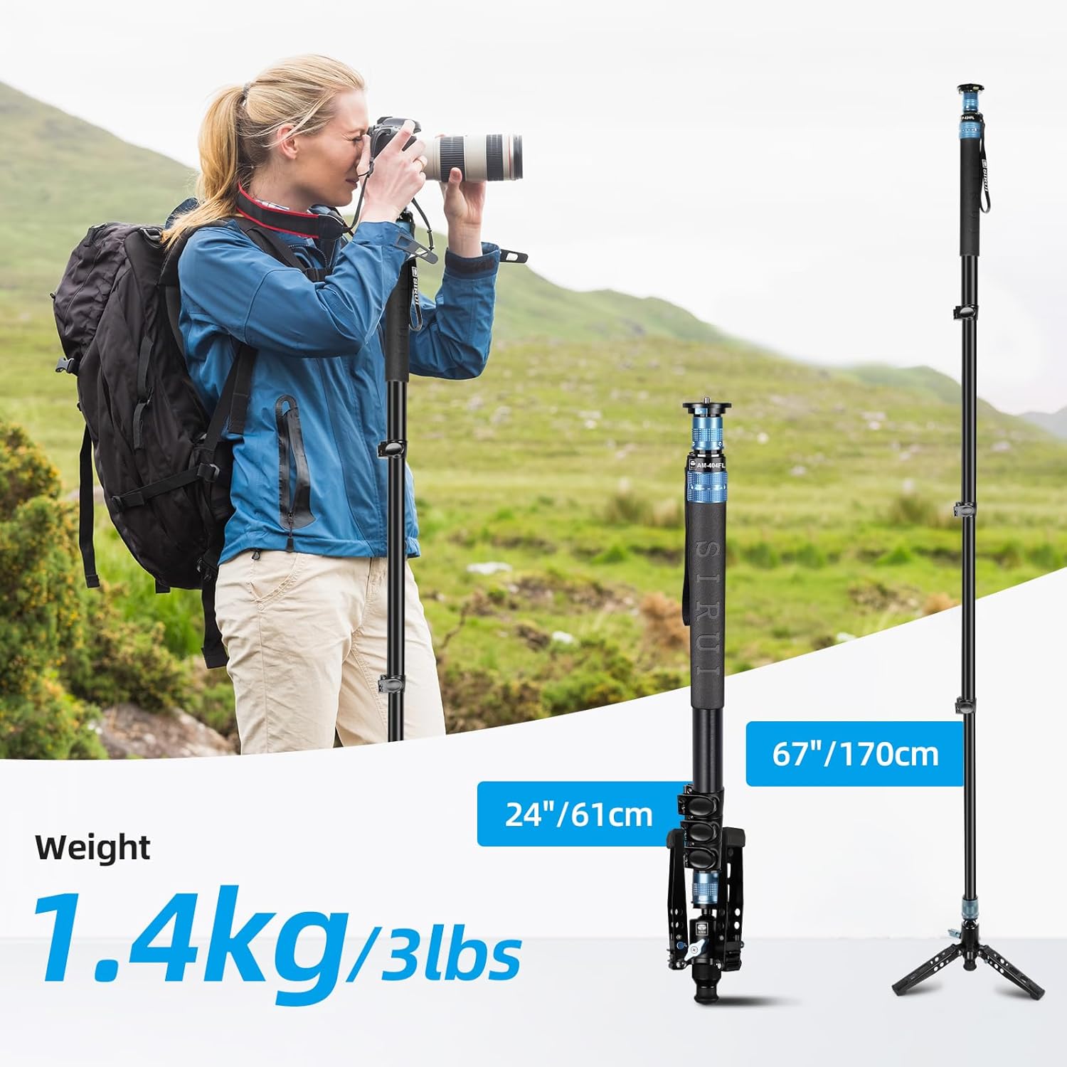 SIRUI AM-404FL Monopod para cámara con pies, monopie de video de viaje de aluminio de 74.8 pulgadas con base extraíble, delgado y ligero, carga