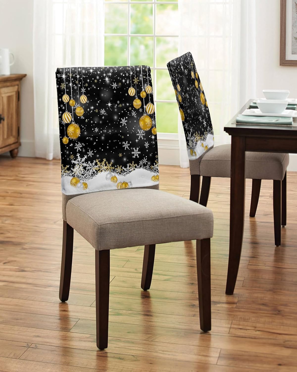 AMZRicher Paquete de 4 fundas de respaldo de bolas de Navidad para sillas de comedor, lavables, extraíbles y lavables, protector de silla para boda,