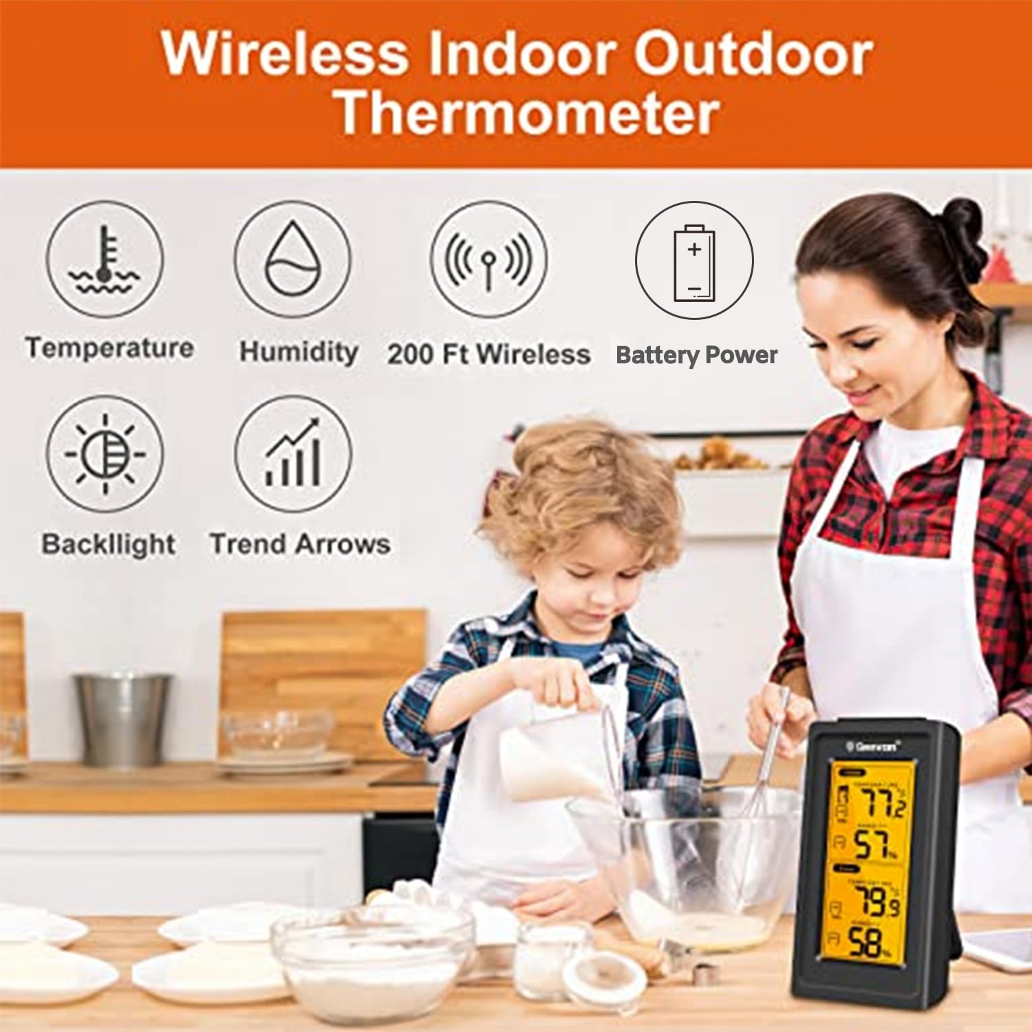 Geevon Termómetro digital inalámbrico para interiores y exteriores, con retroiluminación LCD, puede recibir señales de 3 transmisores, rango de 200