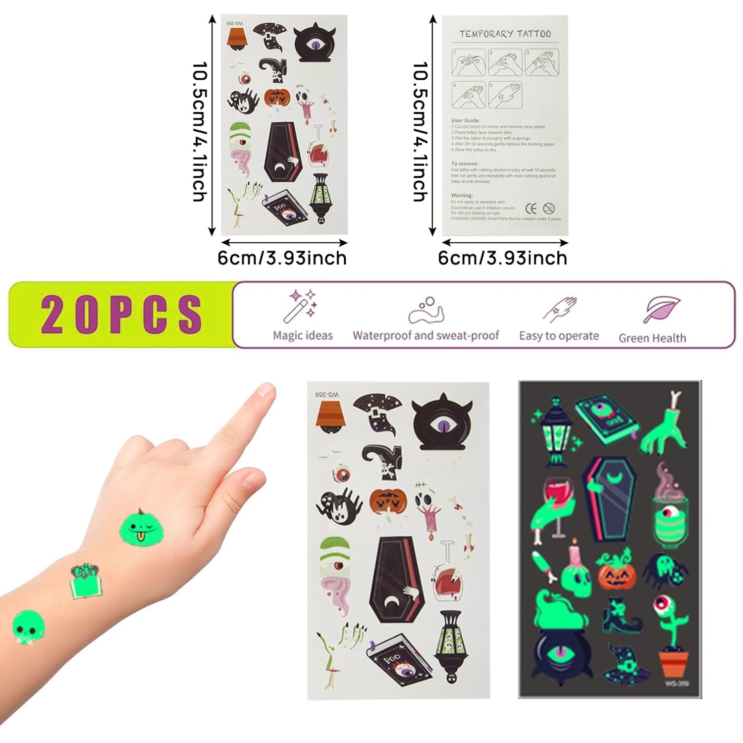 CARGEN Tatuaje temporal de Halloween para niños, 20 hojas, 268 patrones, decoraciones divertidas para fiestas de Halloween, suministros pequeños y