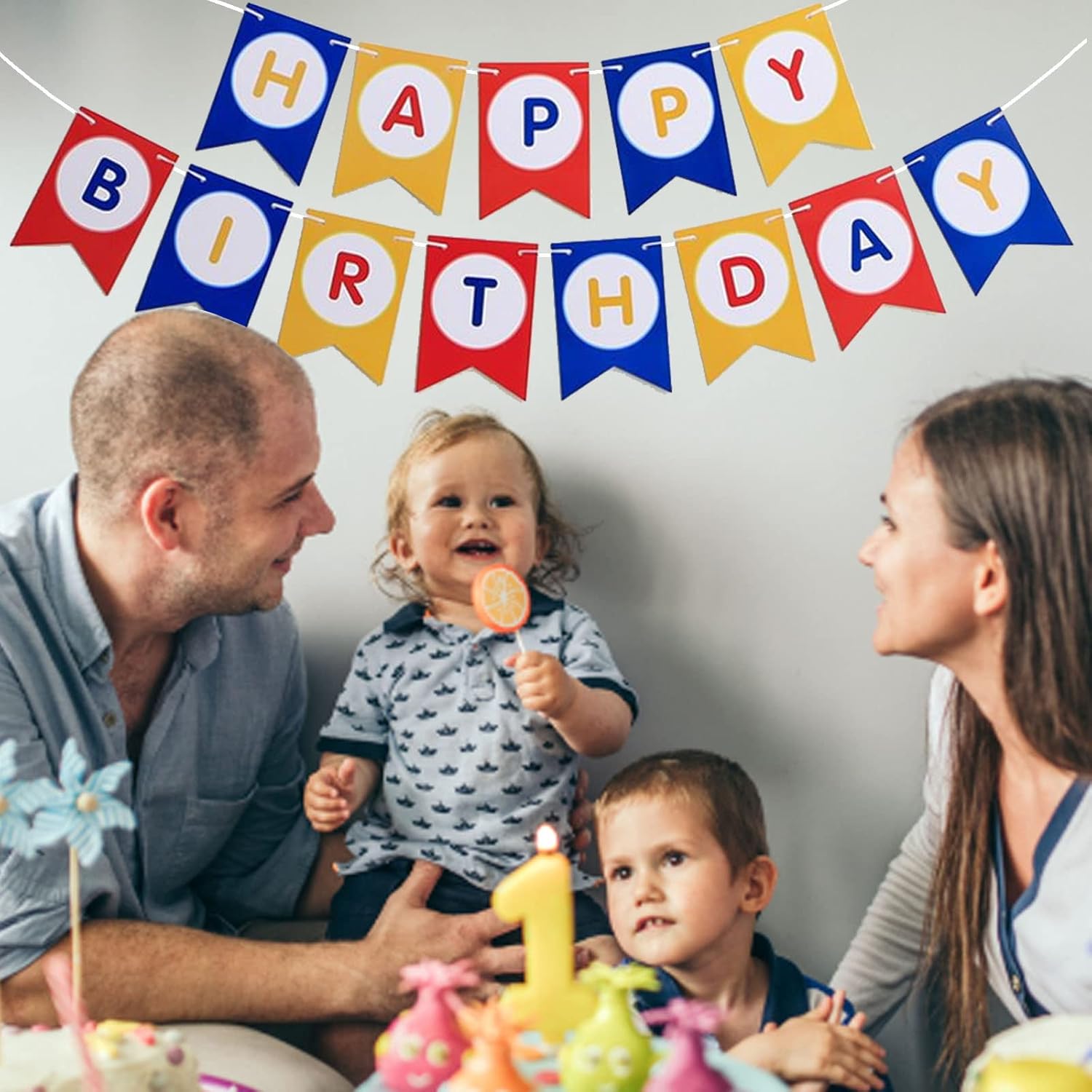 Cartel de feliz cumpleaños colorido decoración de cumpleaños rojo, amarillo y azul, decoración de fiesta de cumpleaños para niñas y niños