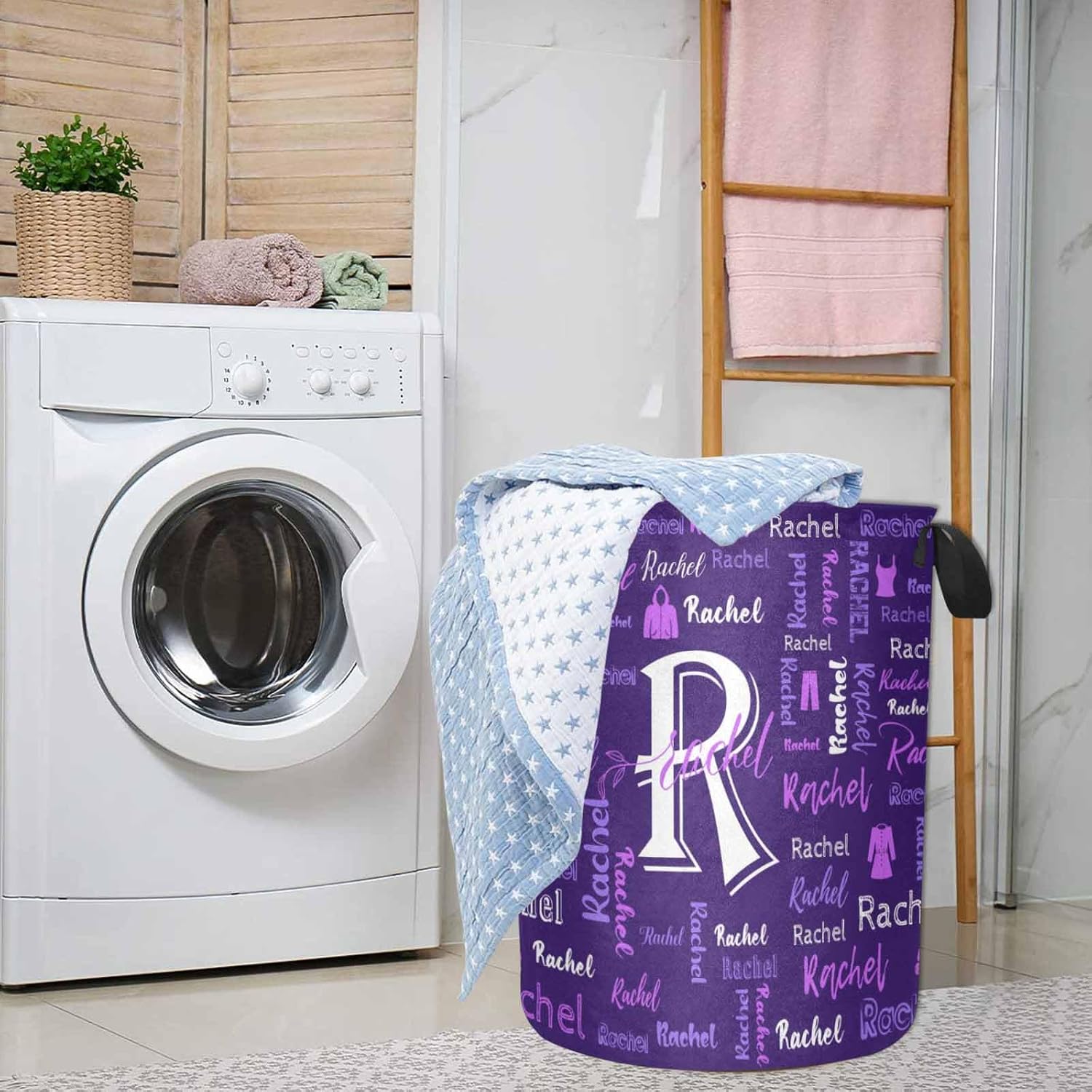 MyPupSocks Cesta redonda personalizada para la ropa sucia con nombre, monograma inicial personalizado y morado y blanco, impermeable, con asas,