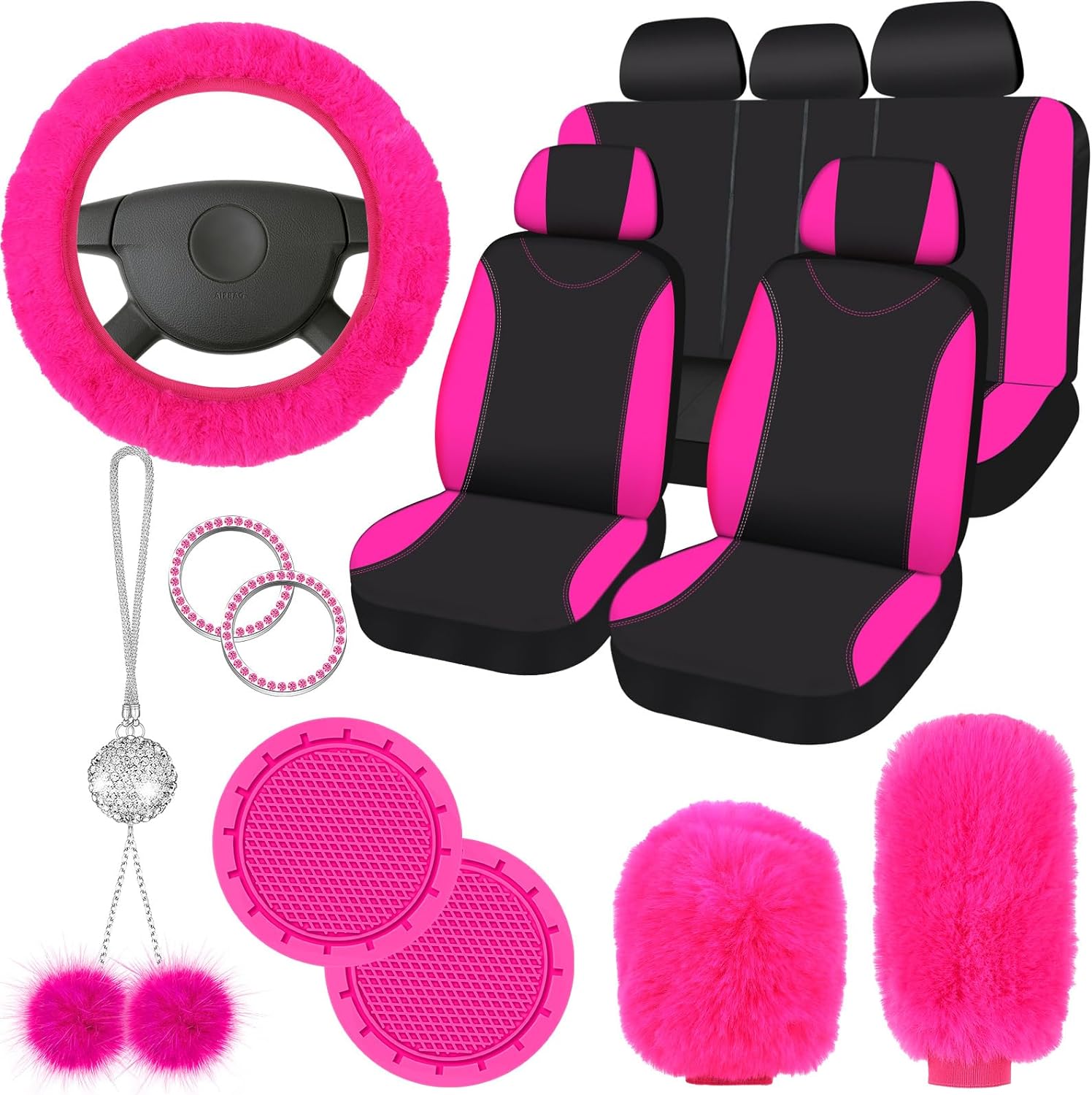 Juego completo de 17 fundas de asiento de automóvil para mujer, ajuste universal, fundas de asiento delantero y trasero, fundas esponjosas para