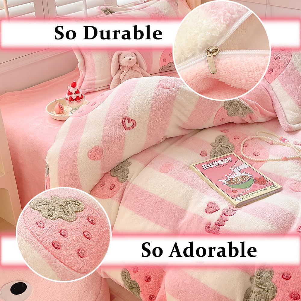 OranFran Juego de funda de edredón para niños de fresa rosa, lindo juego de ropa de cama kawaii, tamaño individual, funda de edredón esponjosa con
