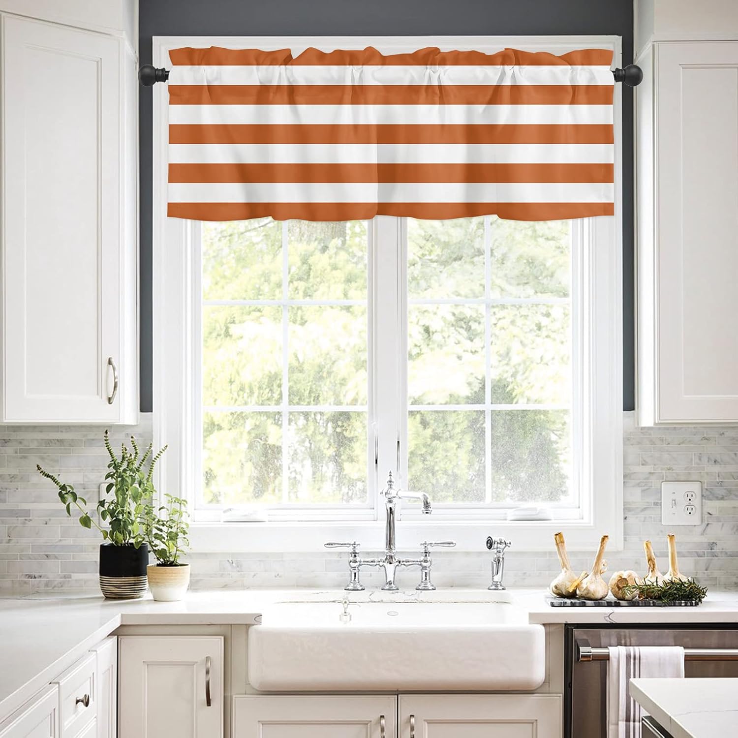 Artwork Store Curtain Valance for Window Kitchen Decor, White Orange Stripes 54″ x 18″ Window Treatment Curtains Topper Rod Pocket Valances for