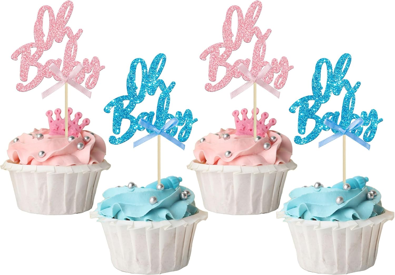 24 piezas Oh Baby Cupcake Toppers Glitter Baby Shower Cupcake Picks con lazo rosa y azul revelación de género decoraciones para cupcakes para niños