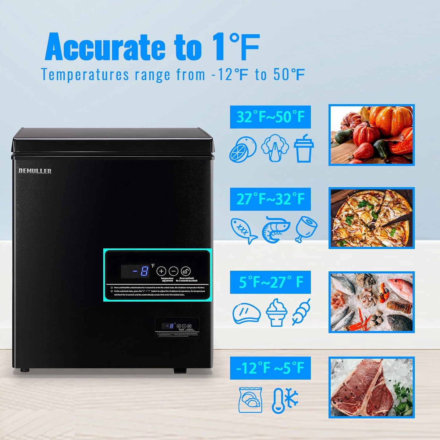 Congelador de pecho de 4.0 pies cúbicos de temperatura ultrabaja (hasta -12-50 ) con dos cestas extraíbles, visualización precisa de la temperatura