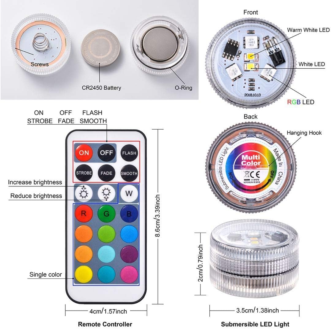 Mini luces LED sumergibles con control remoto, pequeñas velas de té subacuáticas, impermeables, 1.5 pulgadas, RGB multicolor, sin llama, funciona