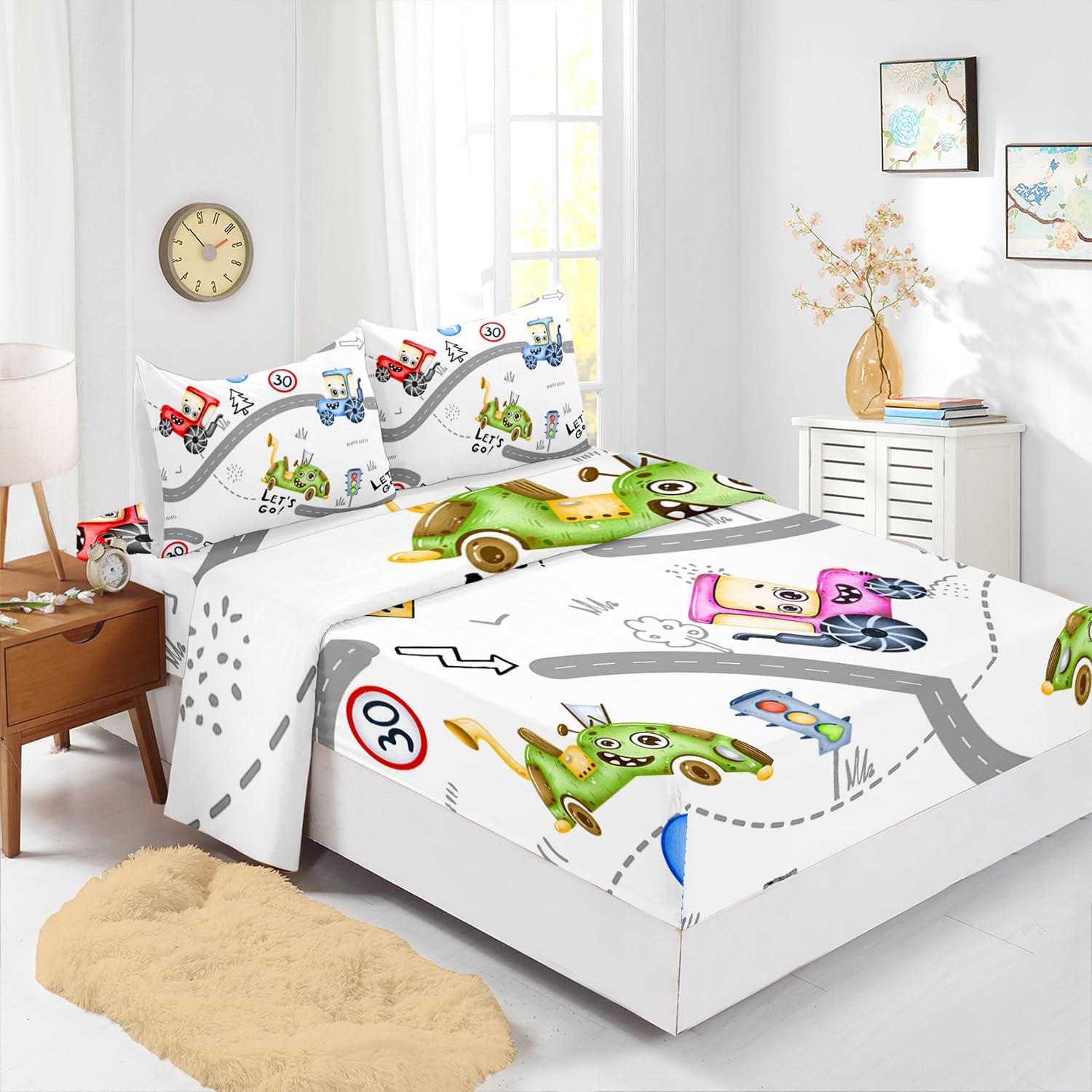 AILONEN Sábana bajera ajustable con diseño de caricaturas para niños y adolescentes, tamaño individual, con estampado de tractor de dibujos animados
