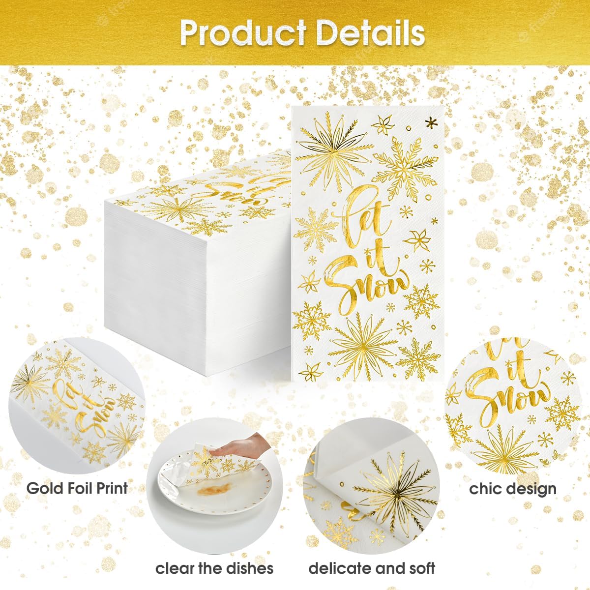 Horaldaily 100 servilletas decorativas de papel desechables de Navidad, Let It de papel blanco como la nieve, toalla de mano de papel dorado para