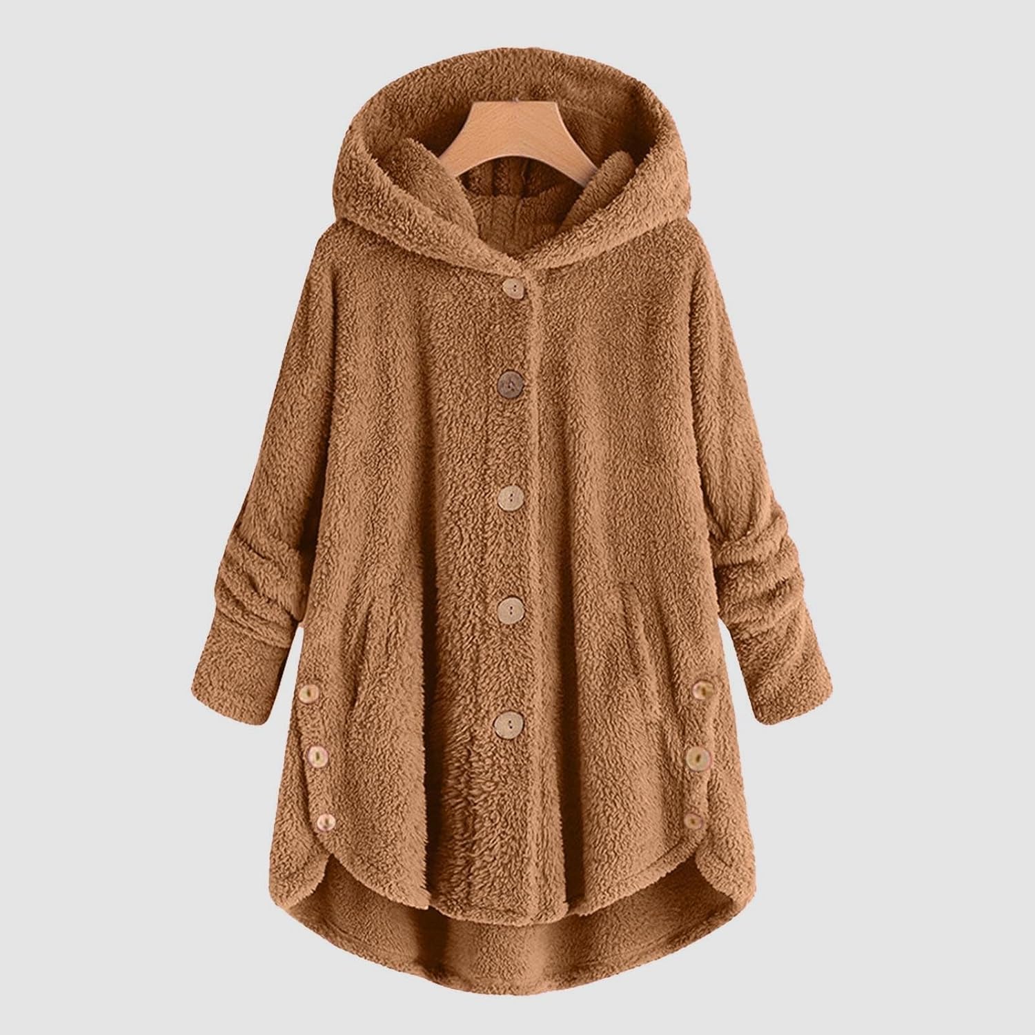 SNKSDGM Chaquetas de forro polar mullido con capucha para mujer, con botones, para exteriores, holgadas, con bolsillos