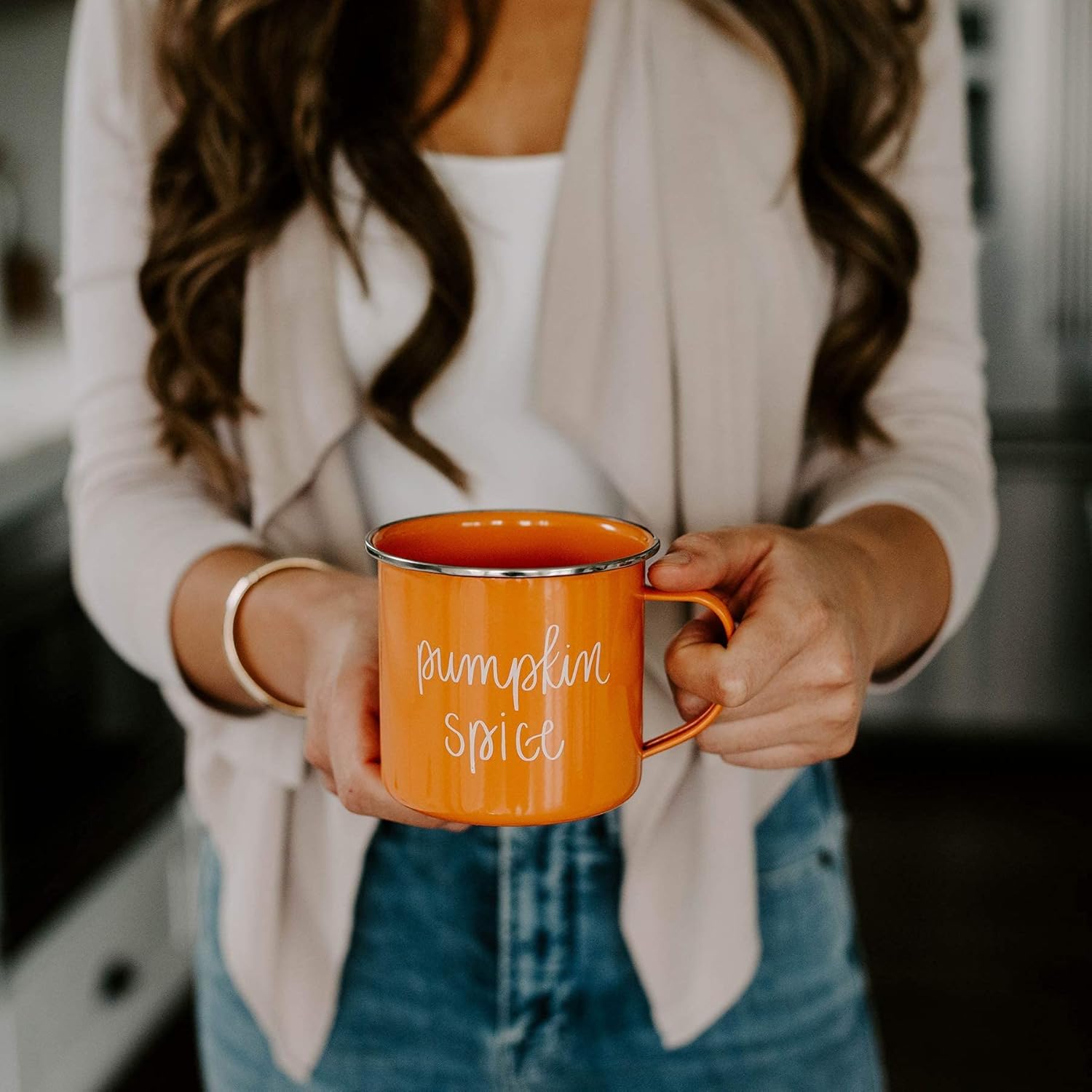 Sweet Water Decor Taza de café con especias de calabaza, taza de café estilo fogata de acero galvanizado de 18 onzas, taza de otoño, decoración de