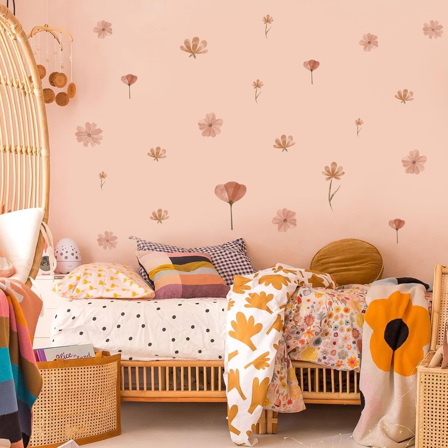 QUCHENG Calcomanías de pared con diseño de margaritas, diseño bohemio, grande, para dormitorio de niñas, calcomanías florales, decoración extraíble,
