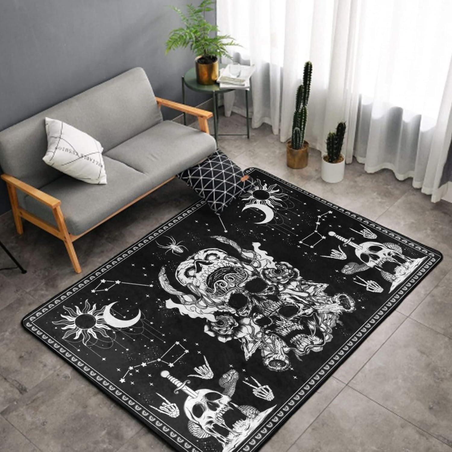 Alfombra decorativa para interiores y exteriores, 60 x 39 pulgadas (diseño de calavera blanca y negra, polilla, esqueleto, mandala, luna, estrella)