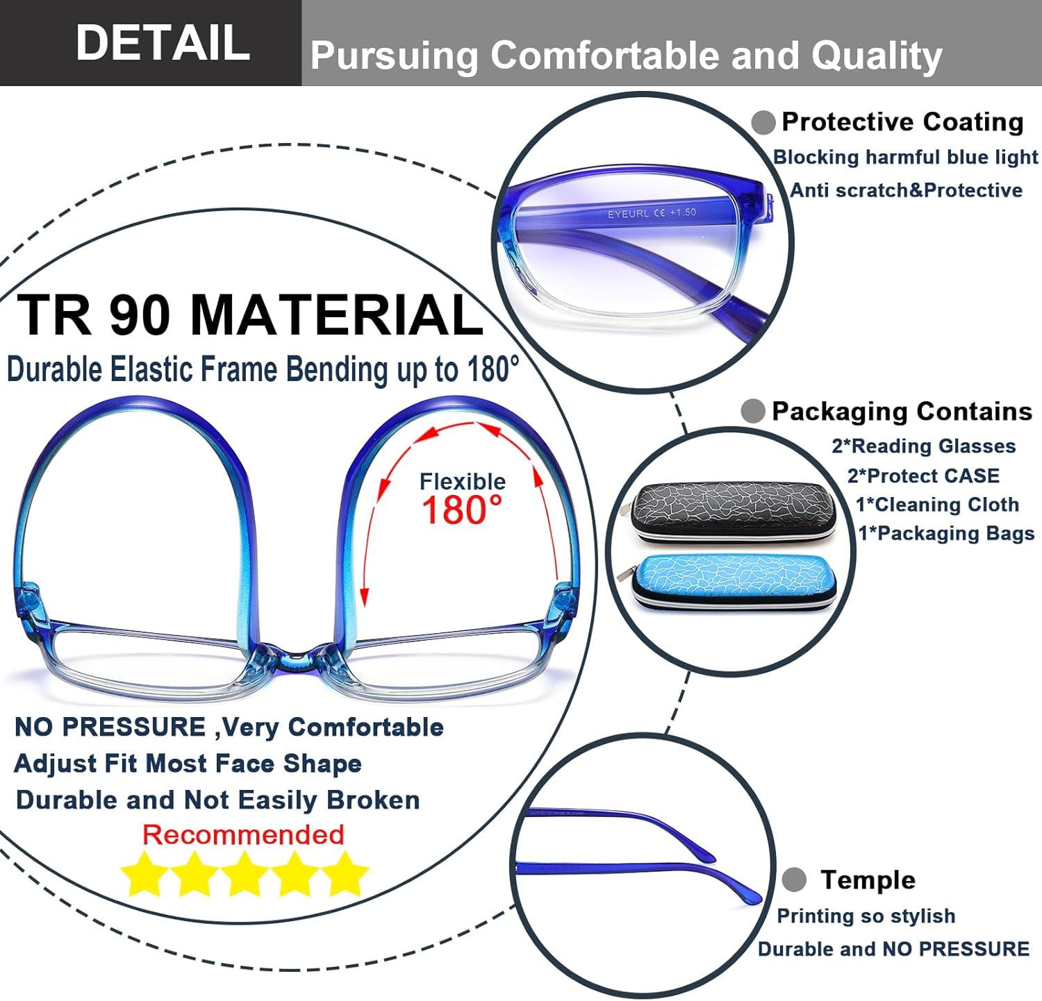 EYEURL Gafas de lectura para hombres y mujeres, lentes de bloqueo de luz azul que reducen la fatiga ocular, paquete de 2 unidades, marco TR90 ligero