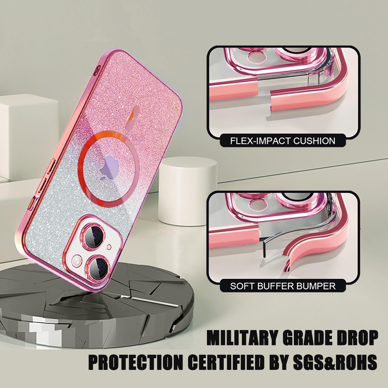 Misscase Funda magnética con purpurina para iPhone 15 Plus compatible con MagSafe, protector de lente de cámara, protección completa, elegante,