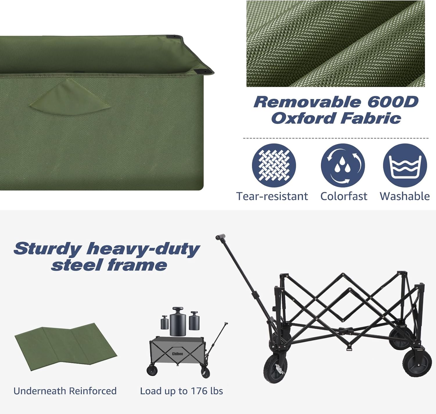 Chihee Carro plegable de playa, carrito de jardín resistente con 2 portavasos, carrito de campamento para ruedas cardán con sistema de frenado, tela