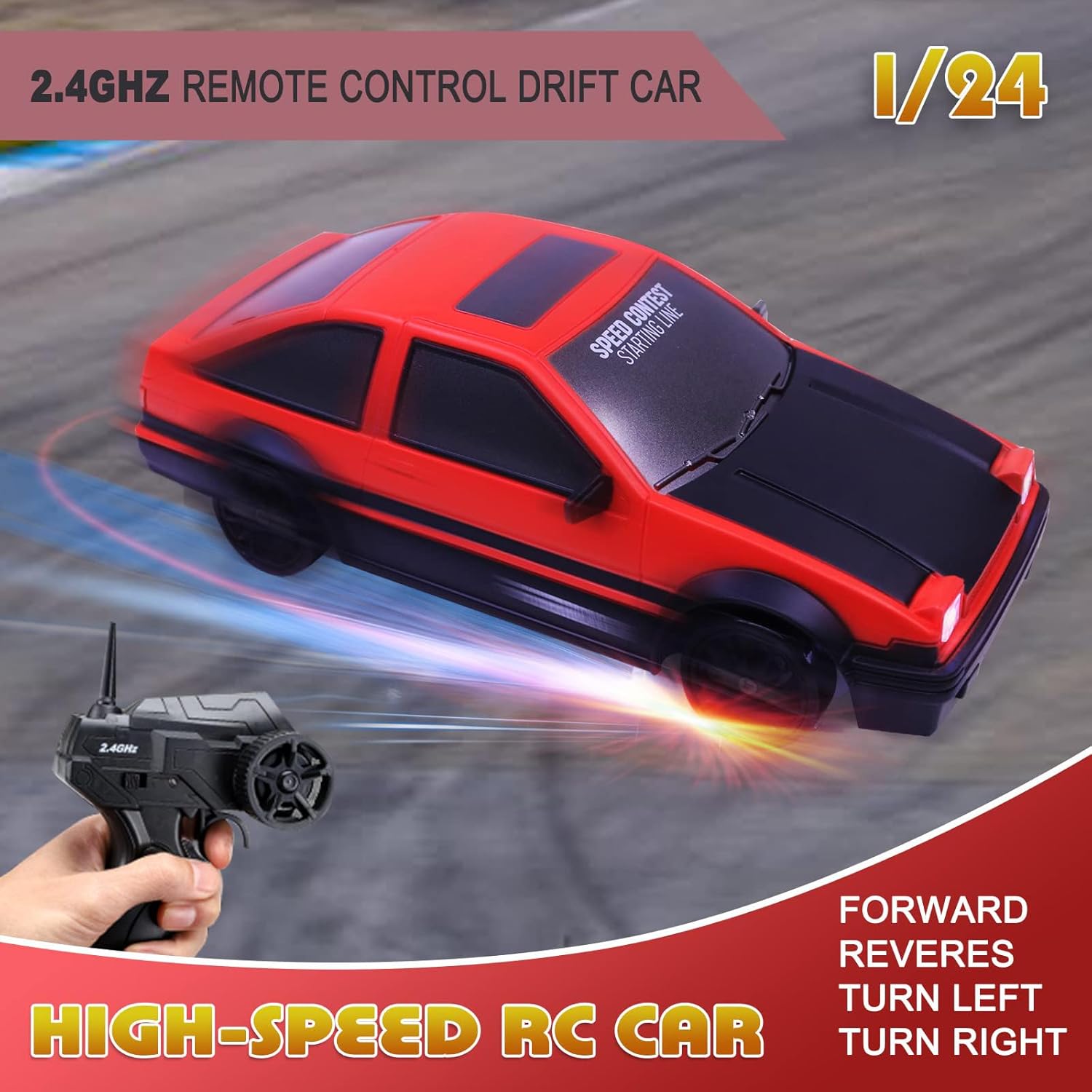 Coche de control remoto RC Drift Car 2.4GHz escala 124 4WD de alta velocidad RC Vehículo con luces LED, baterías y neumáticos a la deriva, autos de