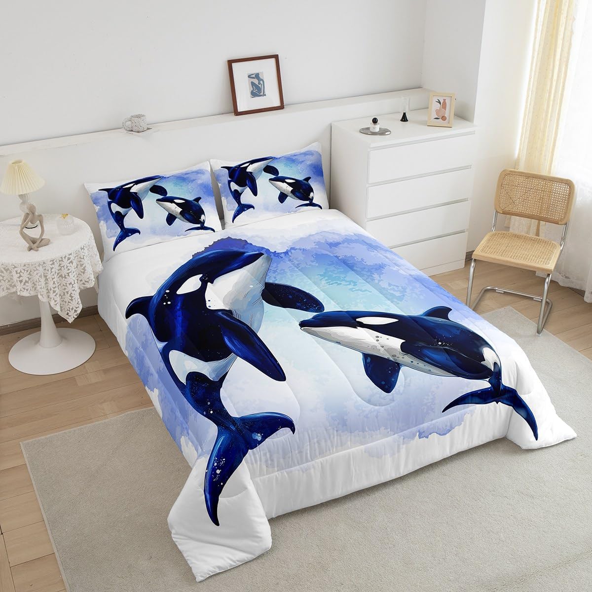 Erosebridal Juego de edredón tamaño matrimonial con diseño de ballena asesina para niños y niñas, juego de ropa de cama de animales oceánicos en