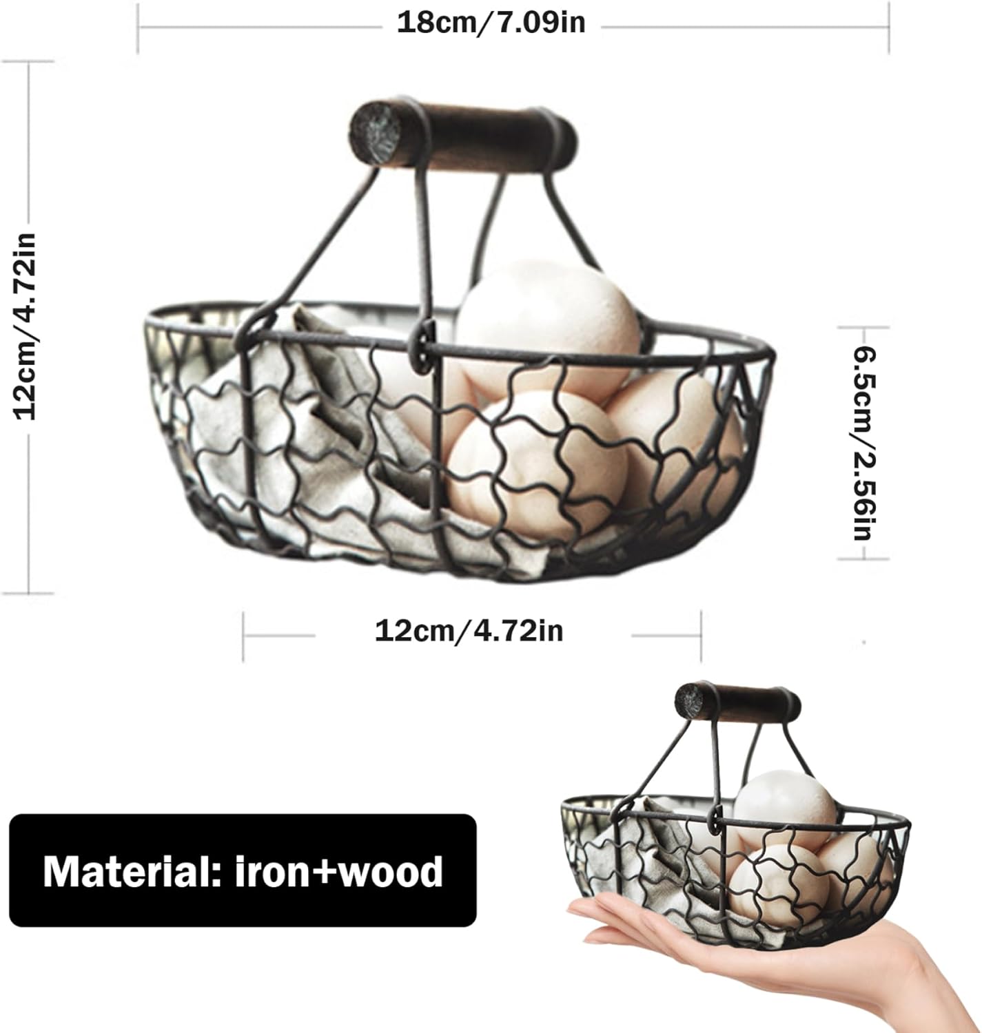 Cesta de huevos de alambre, soporte para huevos de metal pequeño vintage con asa, cesta de almacenamiento de cocina rústica negra, organizador de