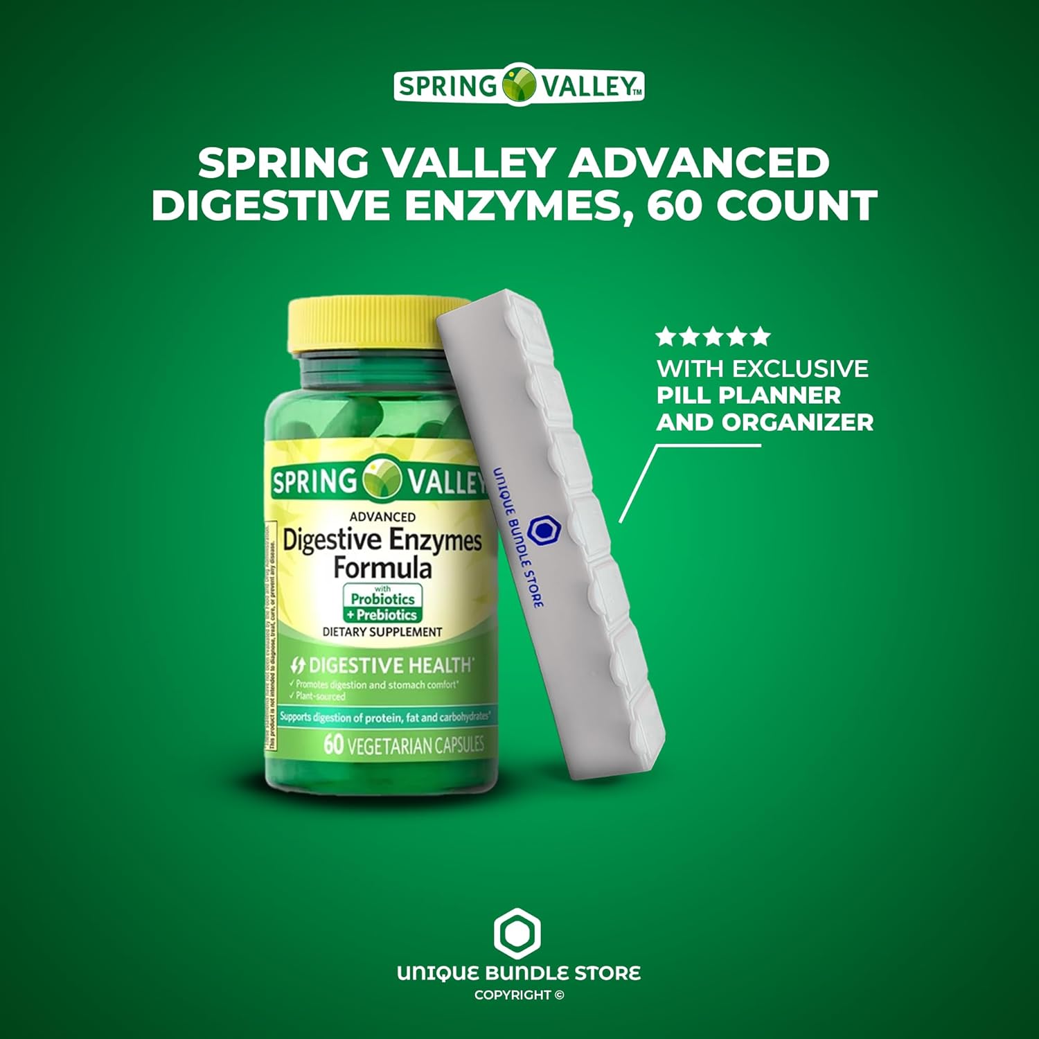 Spring Valley – Enzimas digestivas avanzadas con probióticos y prebióticos, 60 cápsulas + organizador de píldoras de 7 días incluido (paquete de 1)