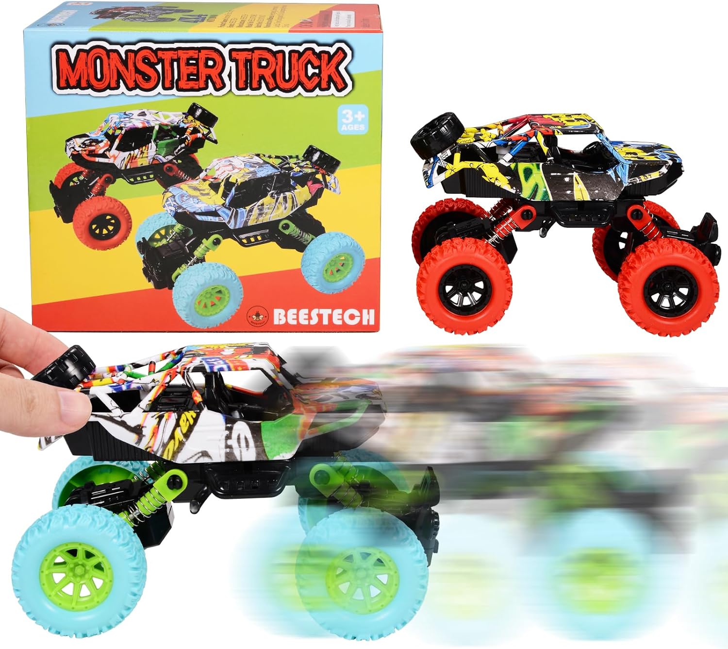 Camión monstruo de juguete de 6.3 pulgadas para niños de 3, 4, 5, 6, 7 años de edad, camión de fricción con tracción hacia atrás, juegos de 2