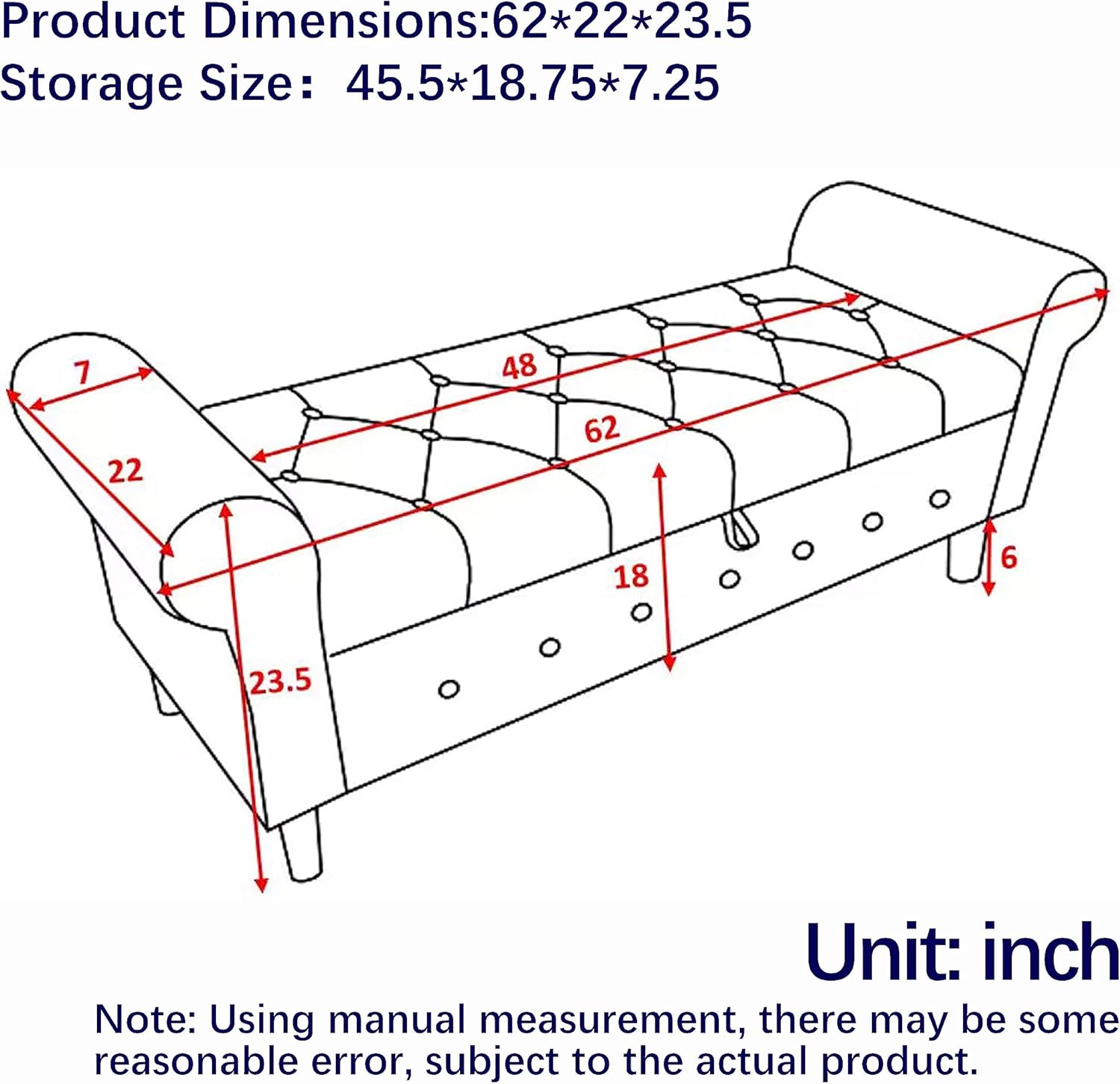 HMFULE Banco de almacenamiento de diseño americano de 62 pulgadas, banco otomano tapizado para el extremo de la cama, para dormitorio, sala de estar