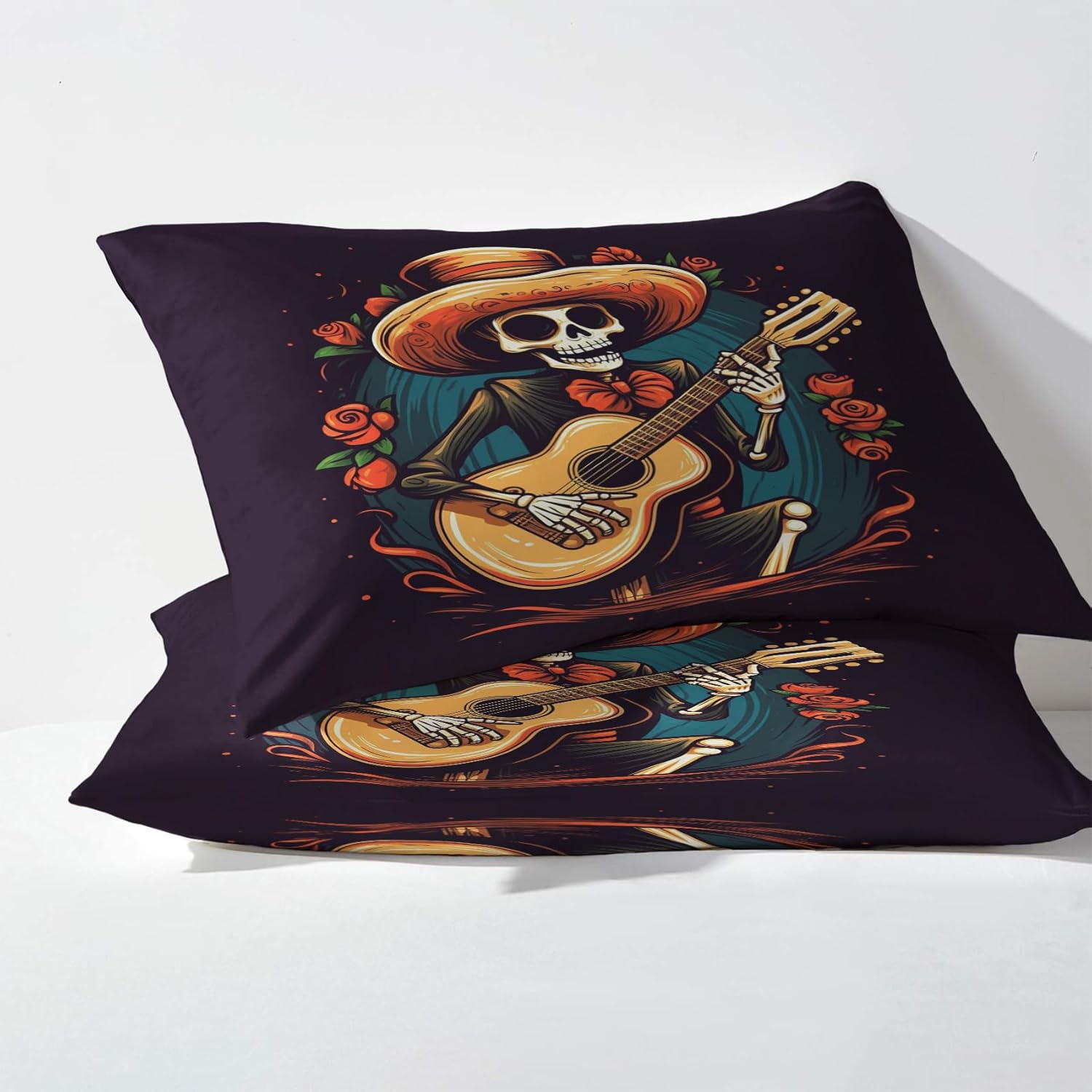 Day of The Dead – Juego de sábanas de 4 piezas con diseño de esqueleto mexicano, sábanas y fundas de almohada estampadas, sábana bajera ajustable de