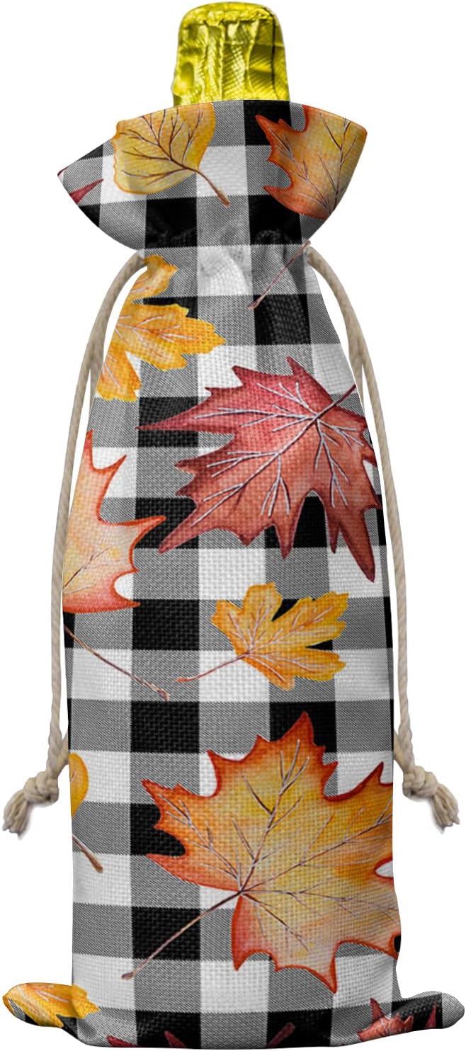 10 bolsas de regalo de vino, Día de Acción de Gracias, acuarela, hojas de arce, estampado de hojas de arce en blanco y negro, bolsas para botellas