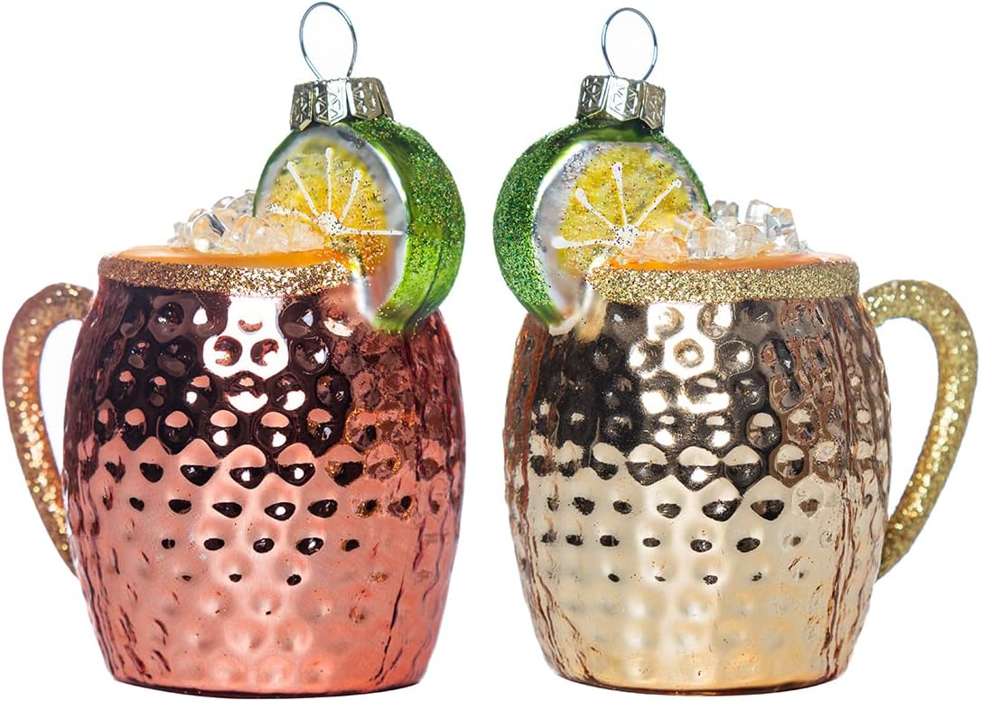 Juego de 2 adornos de Navidad soplados de vidrio soplado Moscow Mule, adornos de cóctel de vidrio soplado para decoración de árbol de Navidad