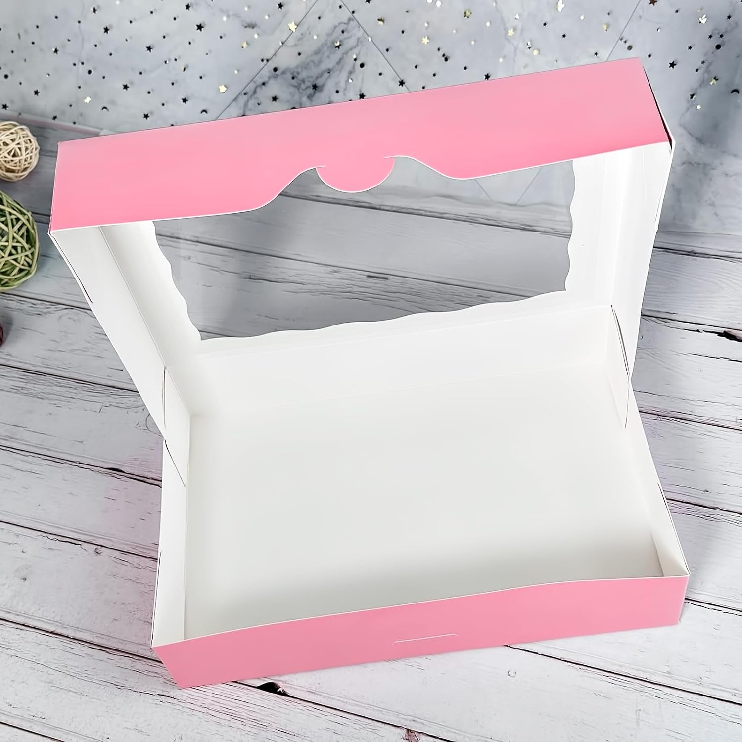 Paquete de 15 cajas de pastelería rosa para panadería de 12 x 8 x 2.5 pulgadas, donas grandes, magdalenas, cajas de galletas con ventana de PVC,