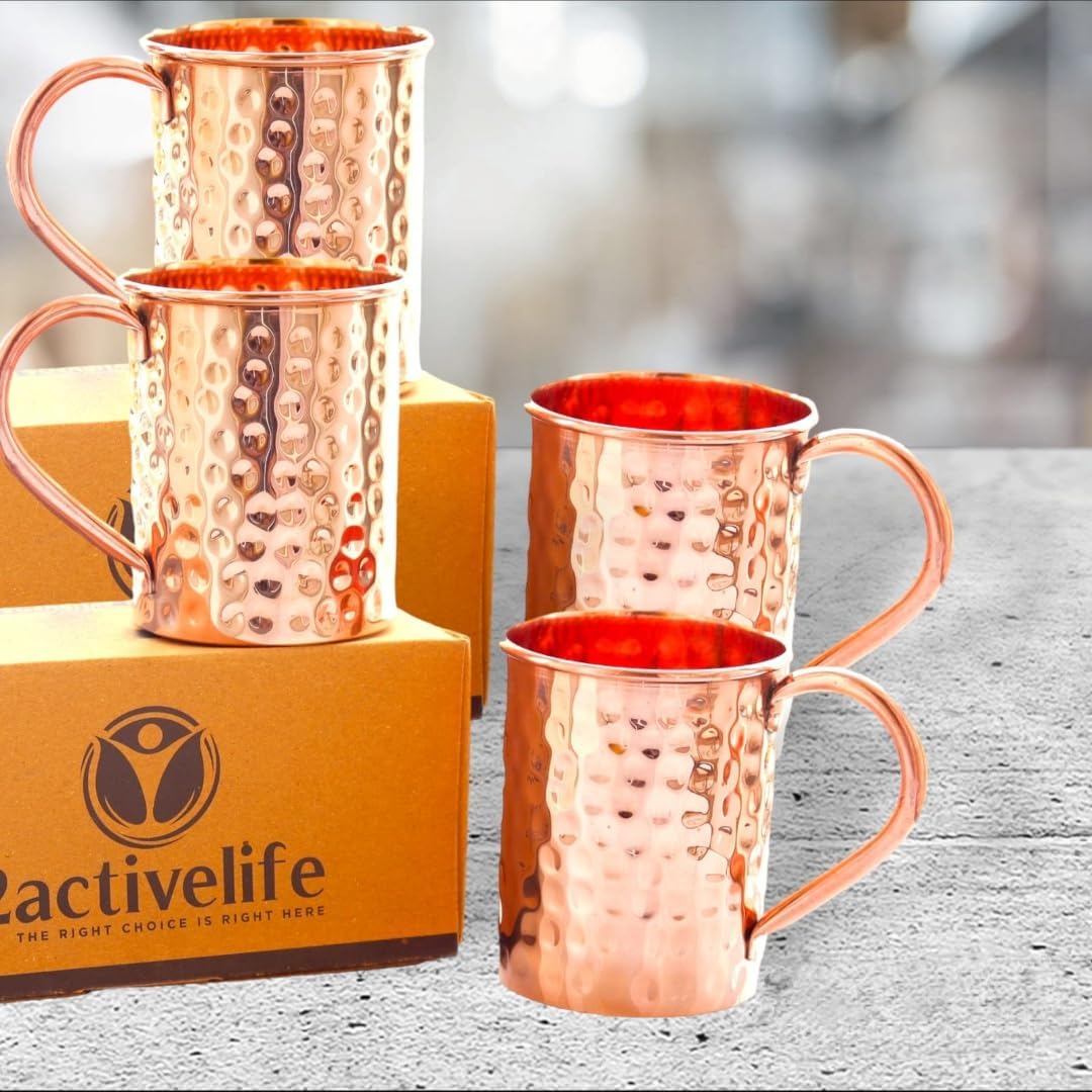 2activelife Juego de 4 tazas martilladas de cobre puro  Agua potable con tazas de cobre  Vasos de cobre de alta calidad para el hogar, oficina,