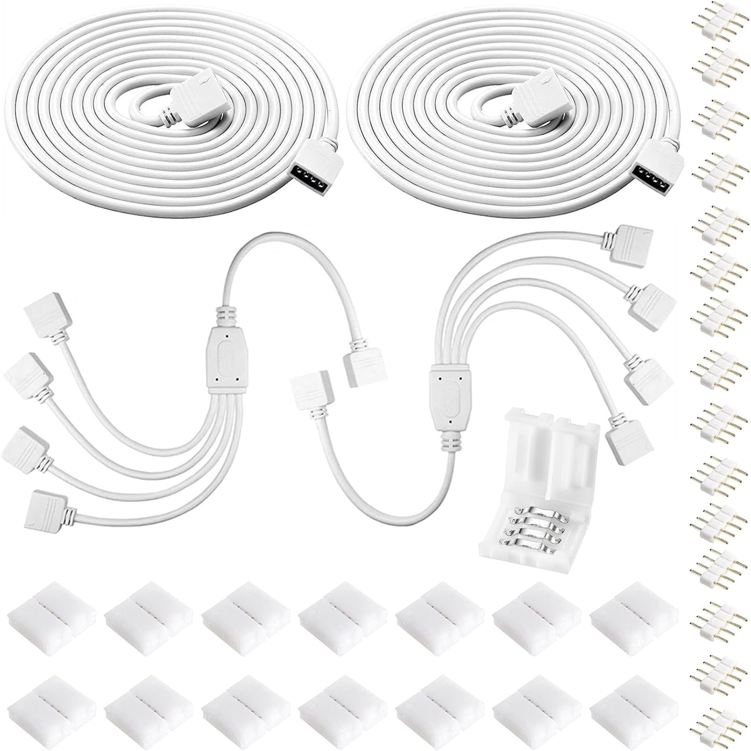 KUANVE Kit de conector de tira de luz LED de 4 pines, cable de extensión RGB, cable divisor de 4 vías, conectores sin soldadura de 0.394 pulgadas y