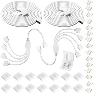 KUANVE Kit de conector de tira de luz LED de 4 pines, cable de extensión RGB, cable divisor de 4 vías, conectores sin soldadura de 0.394 pulgadas y KUANVE Kit de conector de tira de luz LED de 4 pines, cable de extensión RGB, cable divisor de 4 vías, conectores sin soldadura de 0.394 pulgadas y