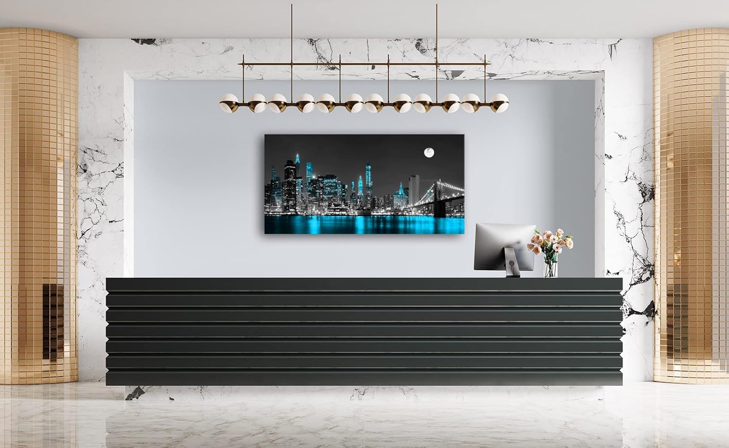 Jiuqinghua Lienzo decorativo para pared, 1 panel, negro, blanco y azul, puente de Brooklyn, paisaje urbano, paisaje nocturno, pintura para cocina,