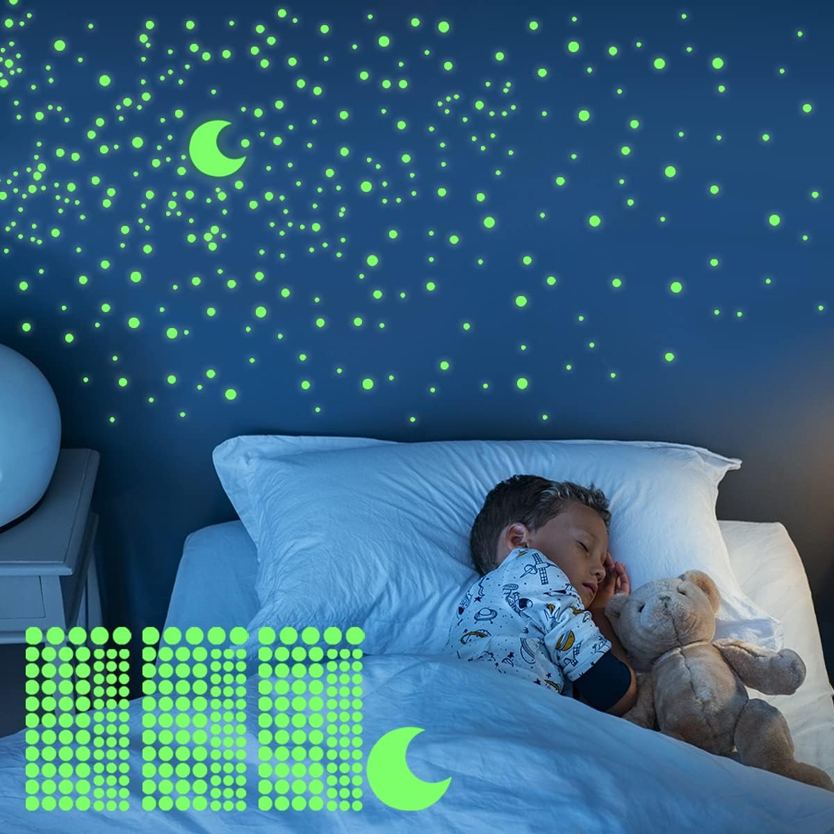 Calcomanías de pared de estrellas y luna que brillan en la oscuridad, 252 puntos en 3 tamaños para techoparedes, perfecto para regalo de cumpleaños
