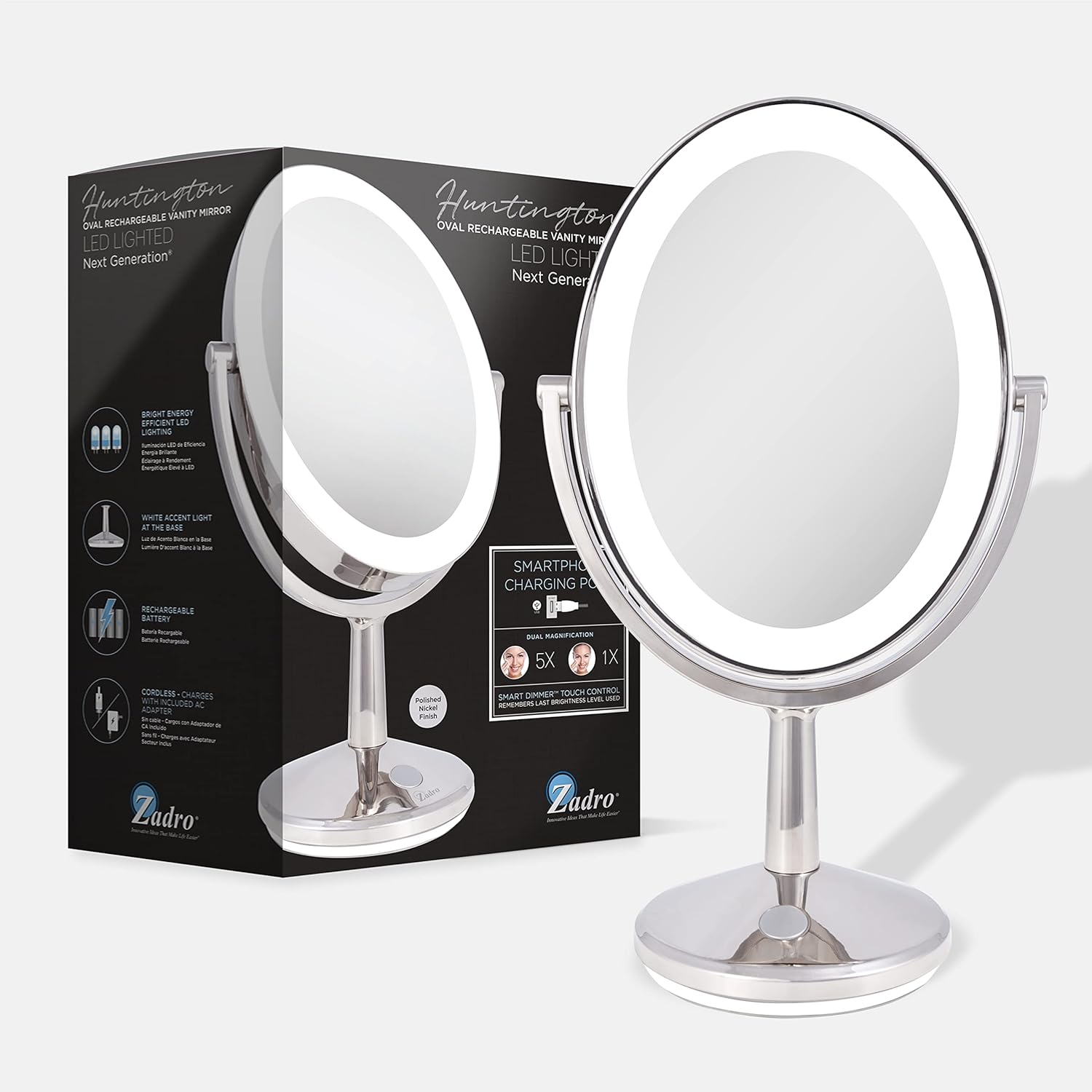 Zadro 9″ Oval Cordless LED Lighted Makeup Mirror with Magnification 5X1X Touch Pad Makeup Mirror with Lights USB Port