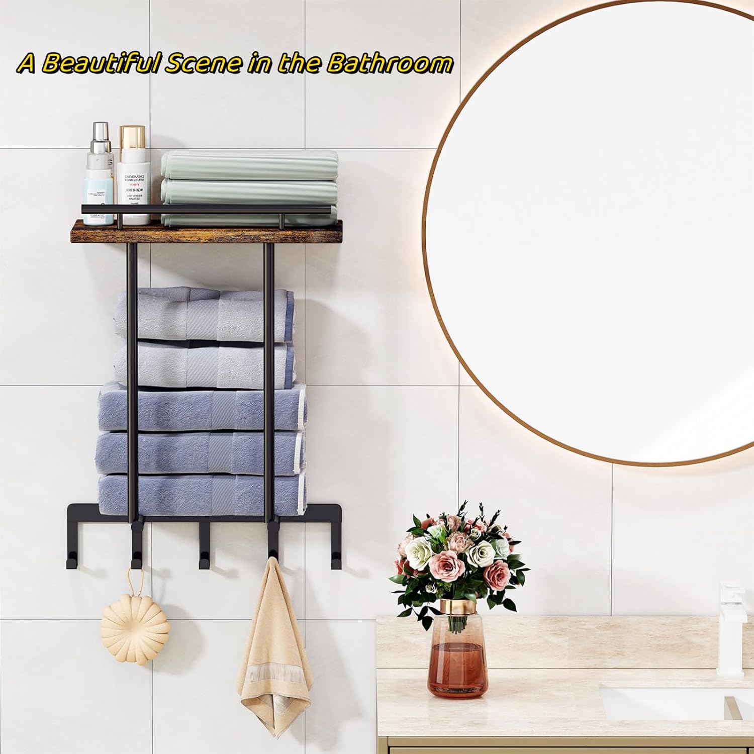 Godboat Toalleros para baño, toallero con estante de madera, 5 ganchos organizadores de baño y almacenamiento cerca del calentador de toallas,